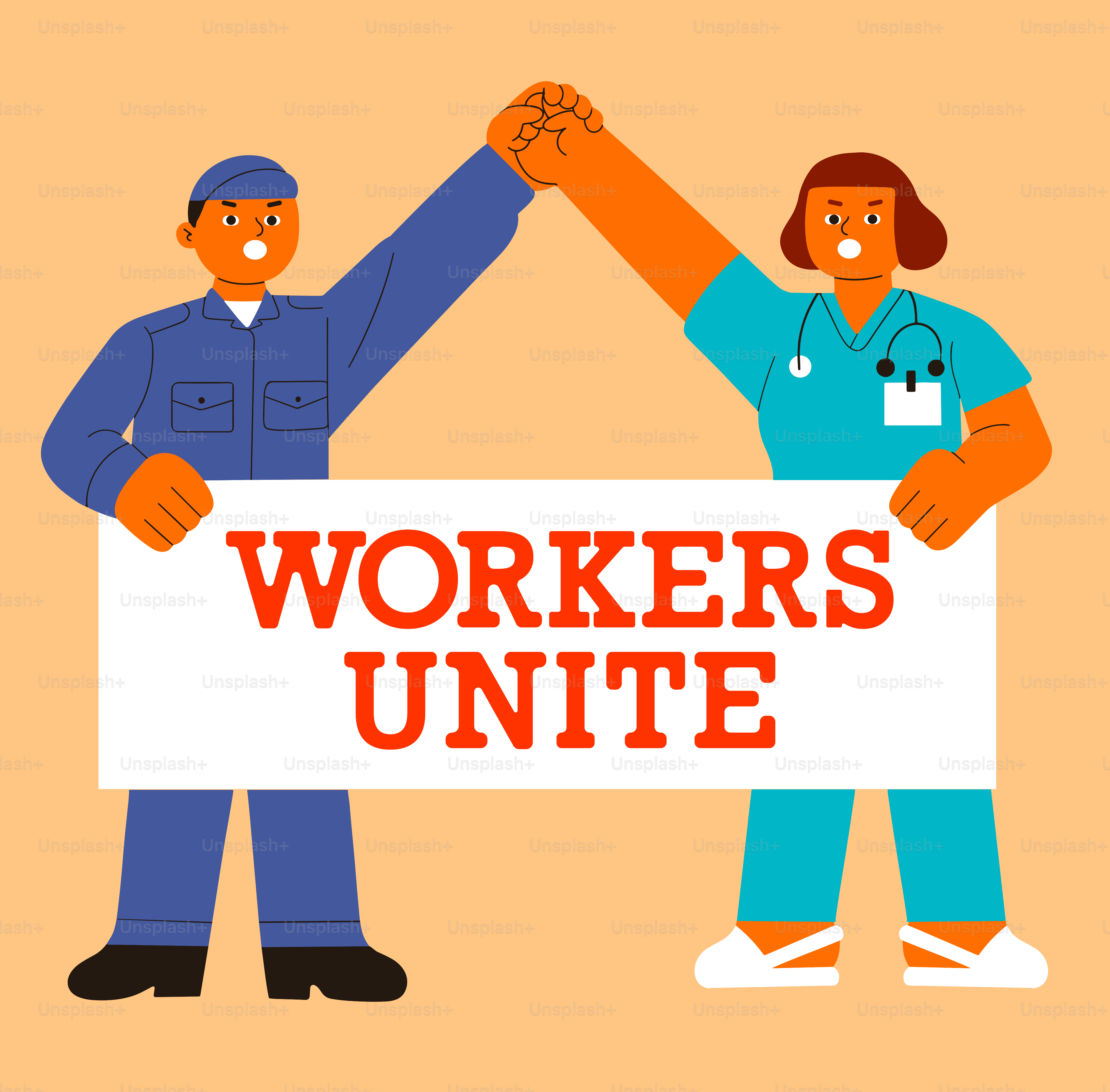 Workers from different jobs stand together to protest.