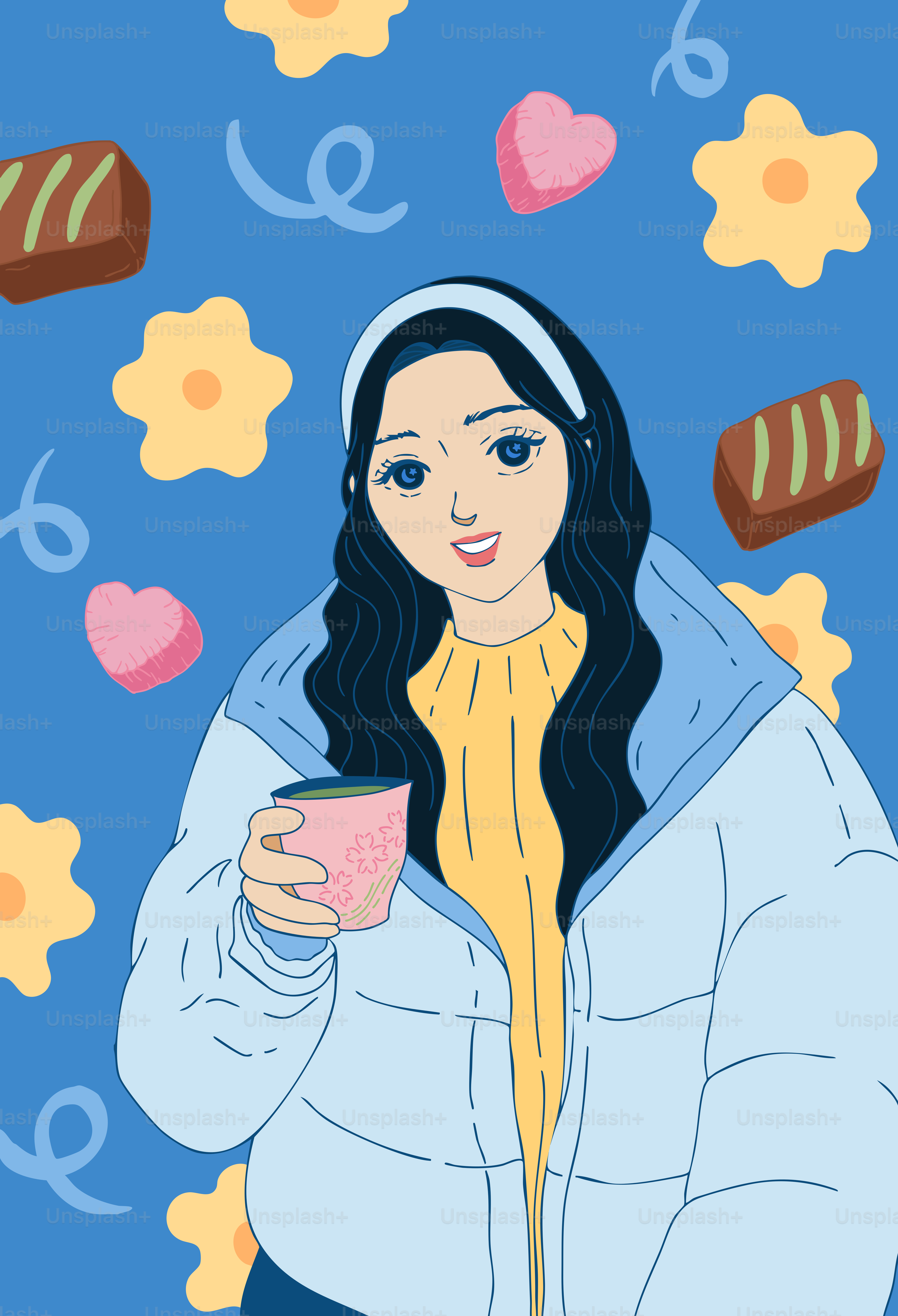 A woman holds a cup amidst sweet treats.