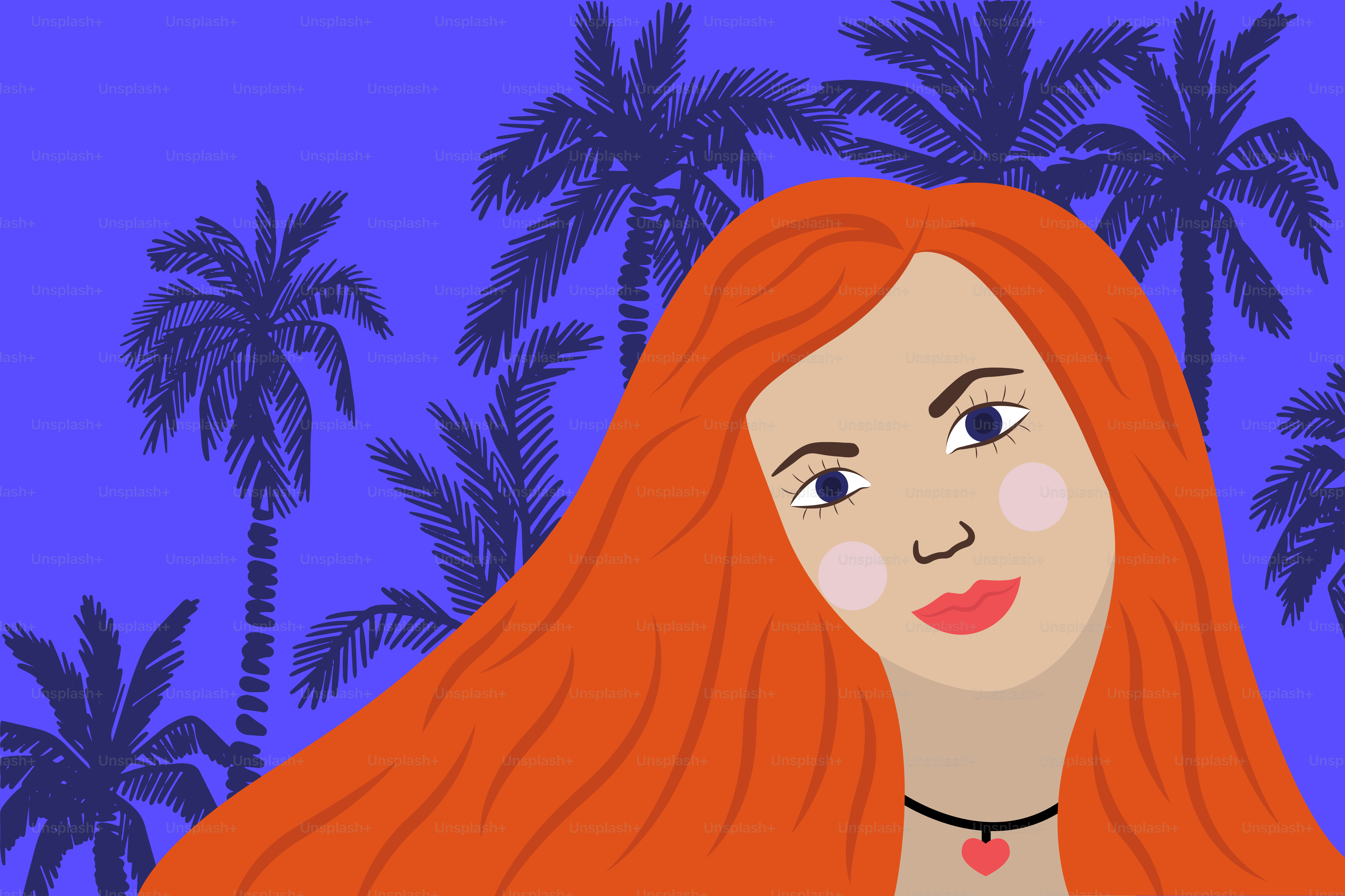 A woman with red hair against palm trees.
