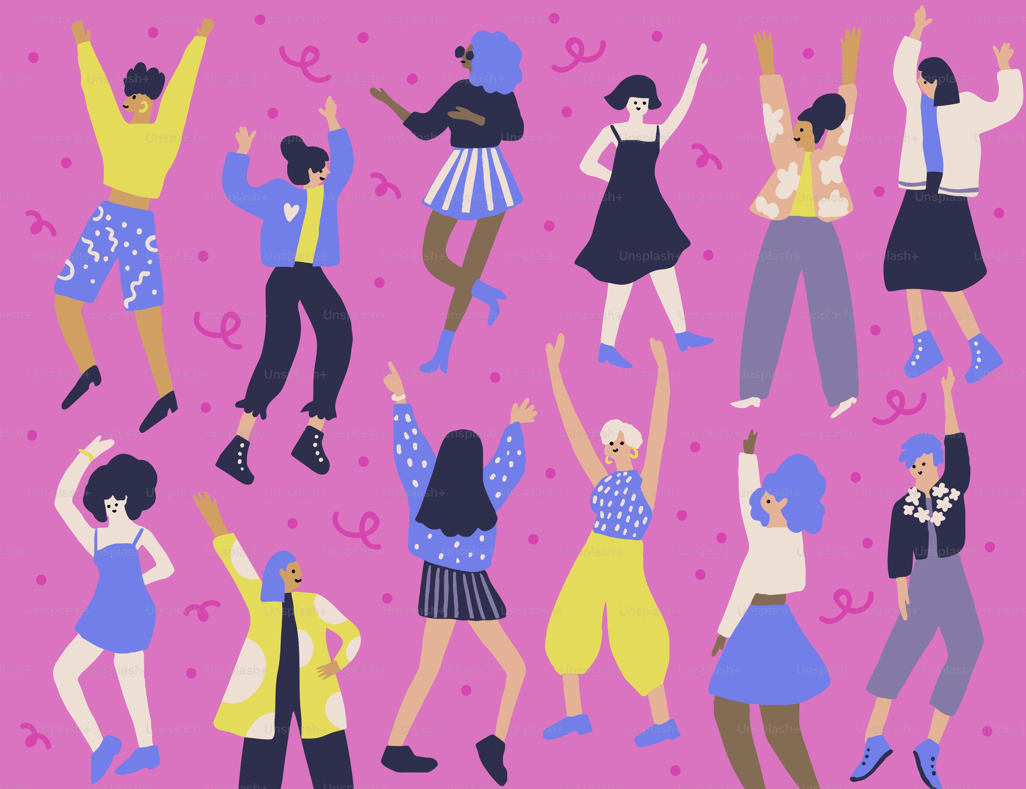 Le persone ballano allegramente insieme su uno sfondo rosa.