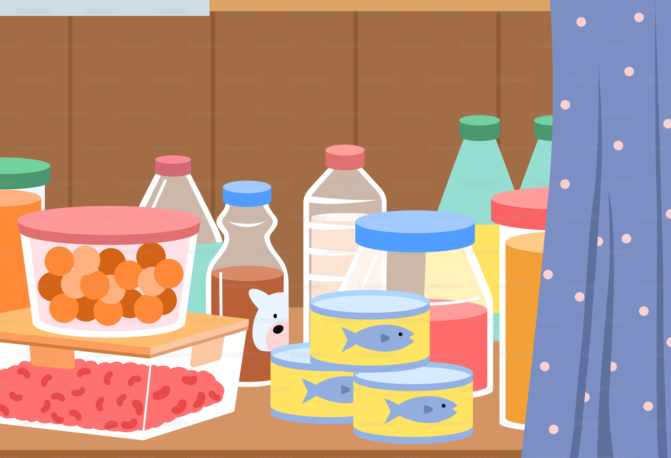 A stocked pantry with canned goods and jars.