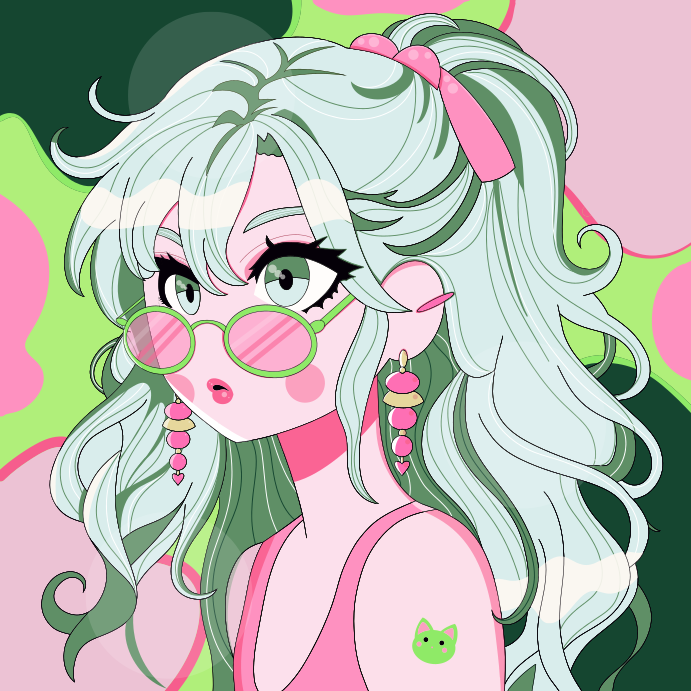 Une fille d’anime mignonne aux cheveux verts et aux accents roses.