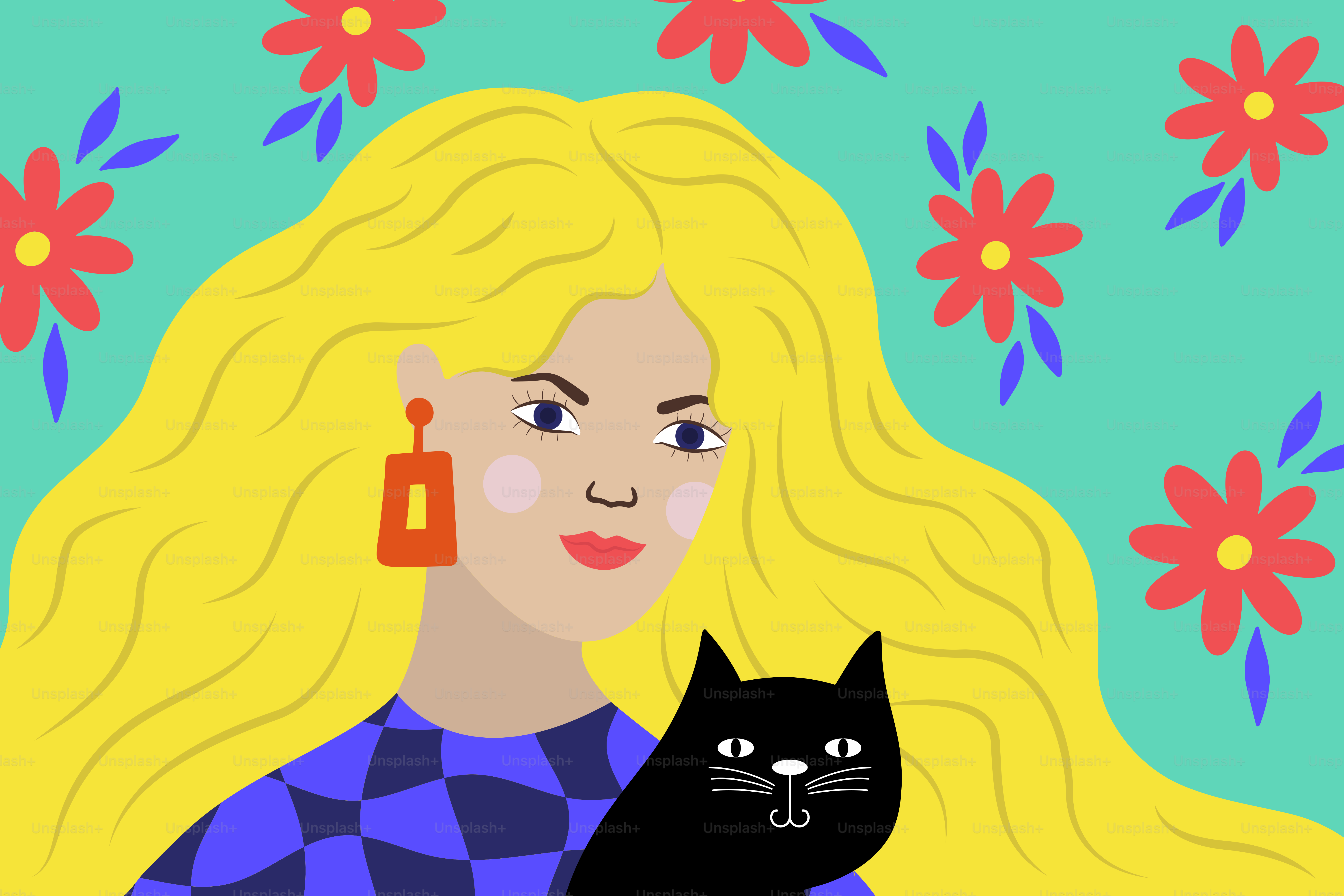 Blonde woman holds a black cat, surrounded by flowers.