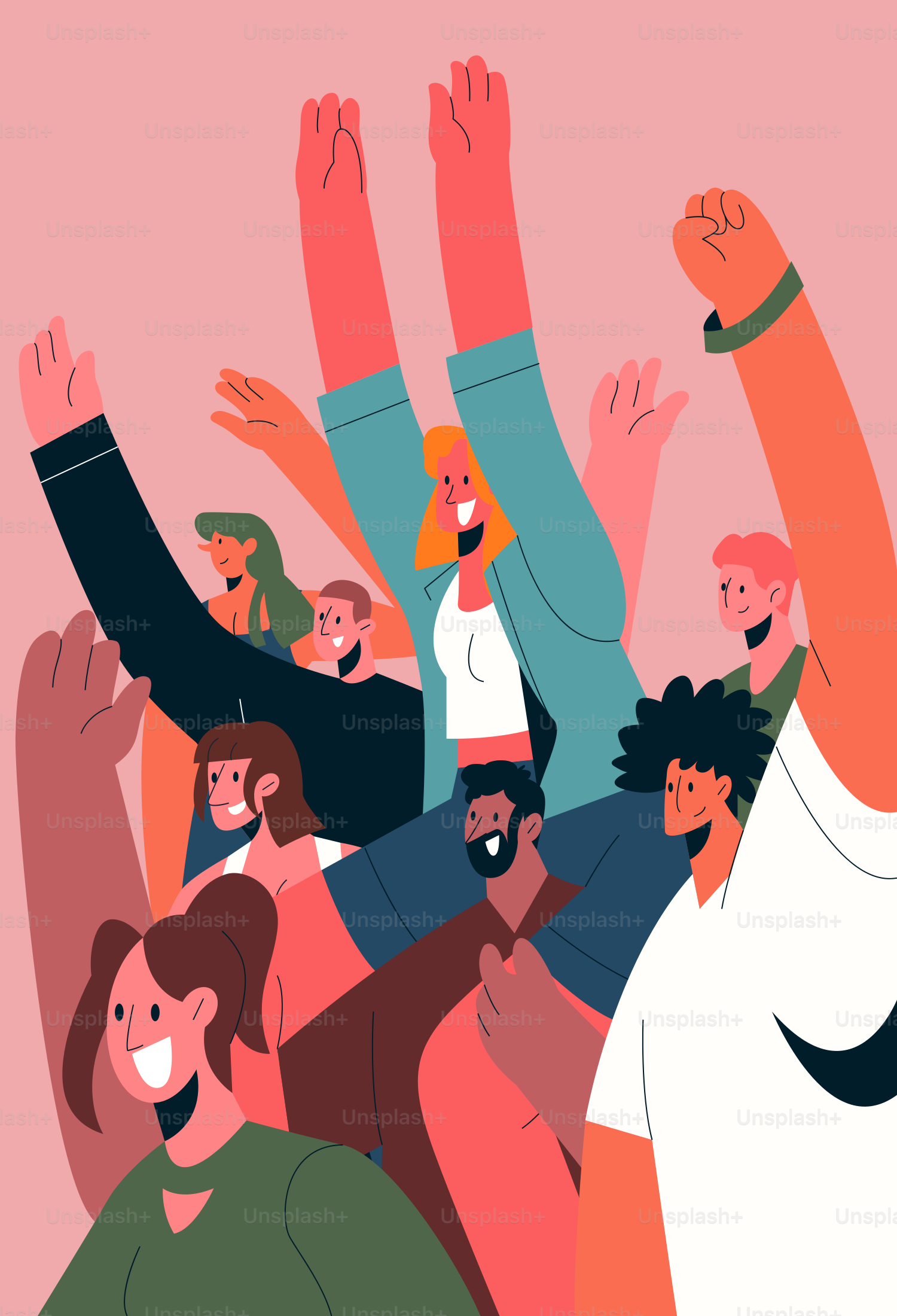 People are celebrating and raising their arms in joy.