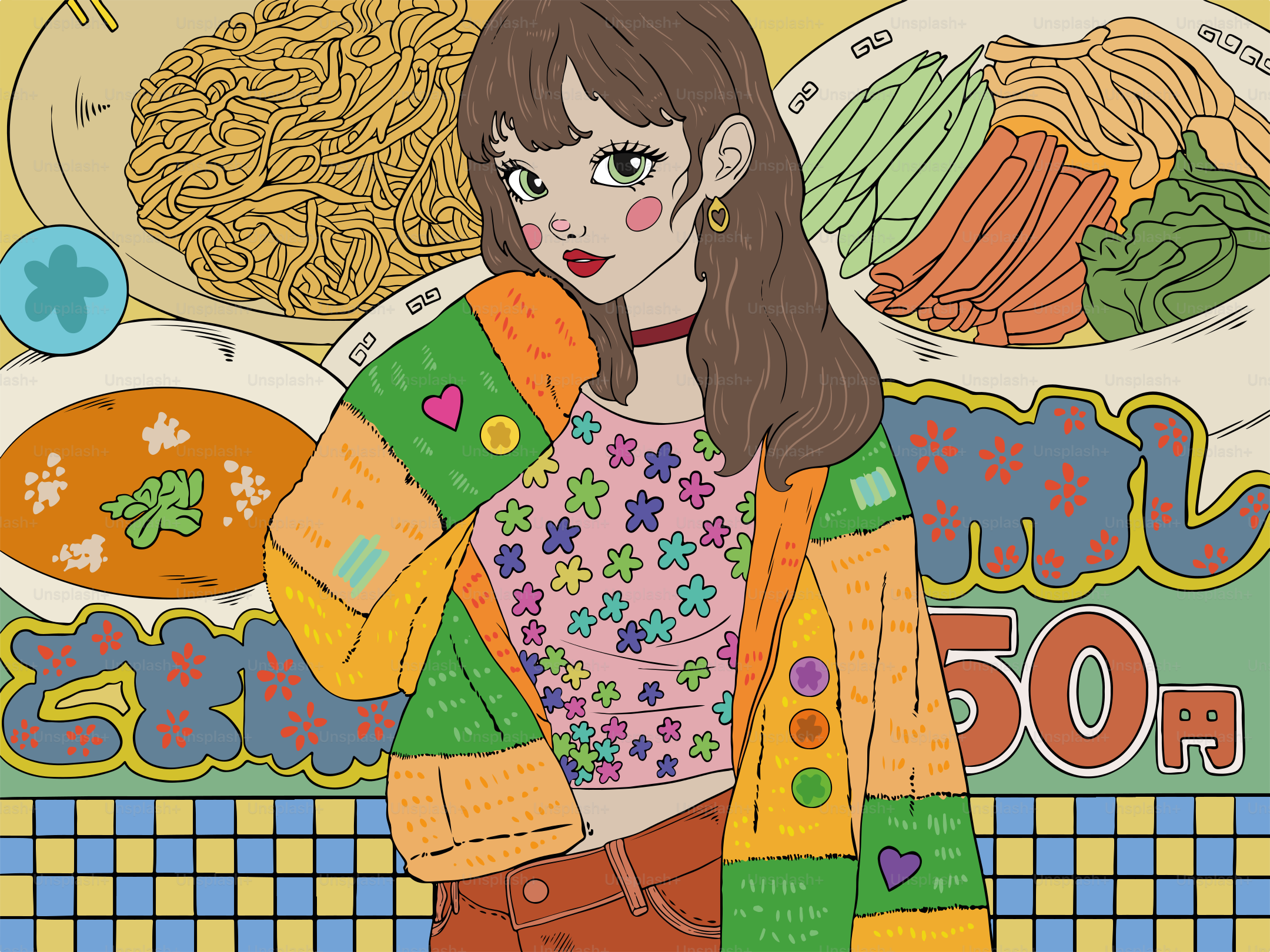 Chica anime posa con varios platos.