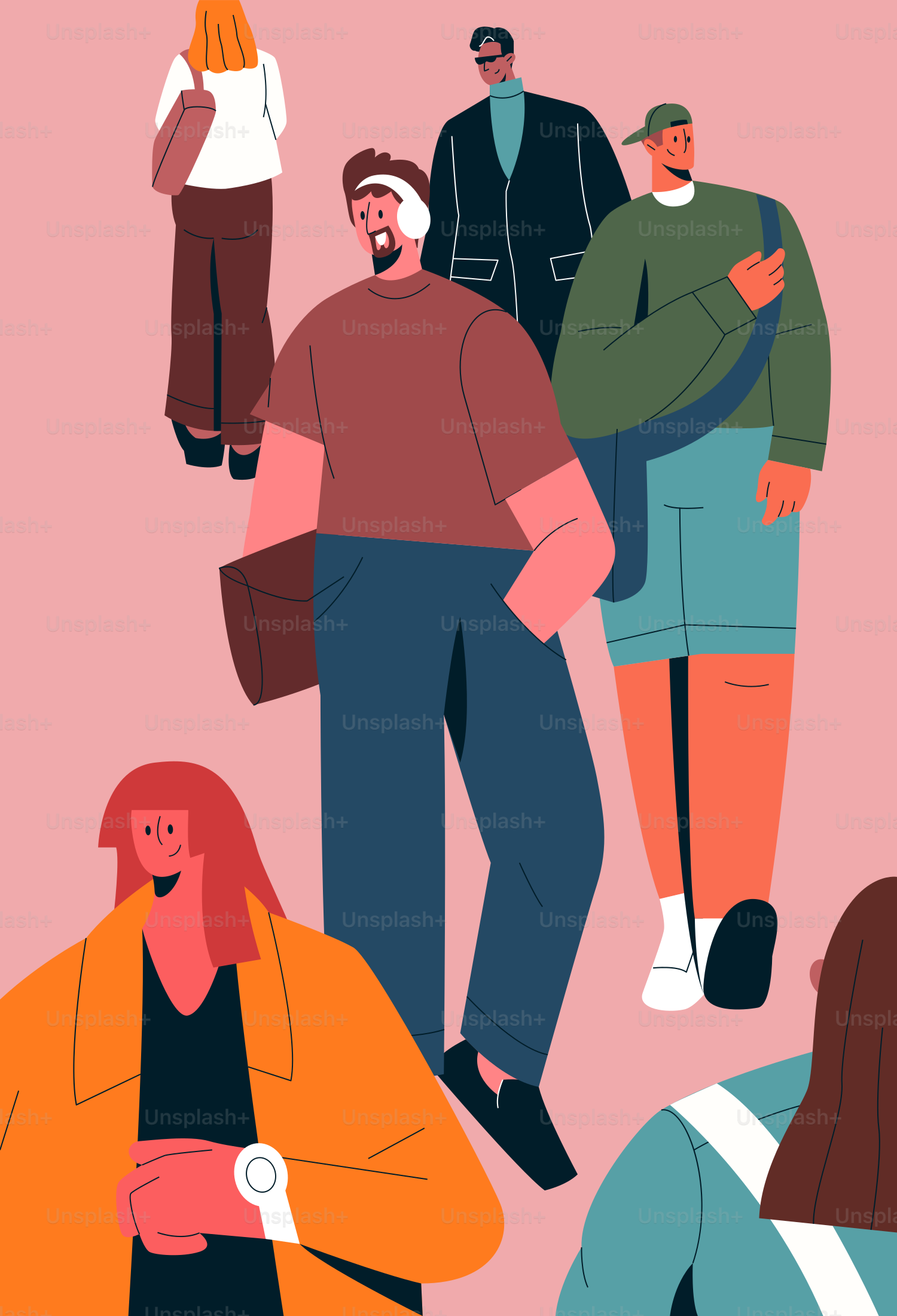 People are walking, with different fashion styles.