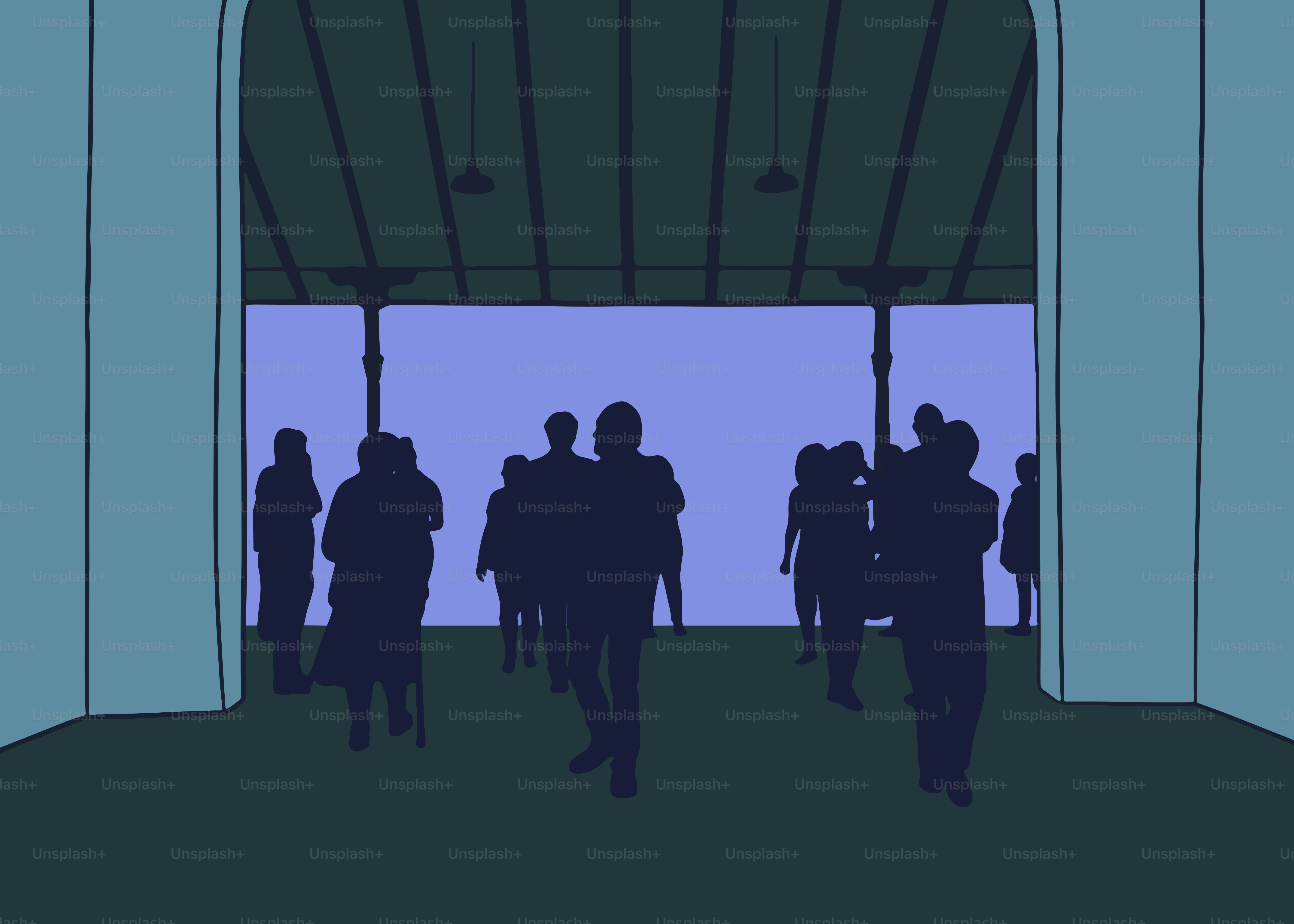 Silhouettes marchant par une porte ouverte.