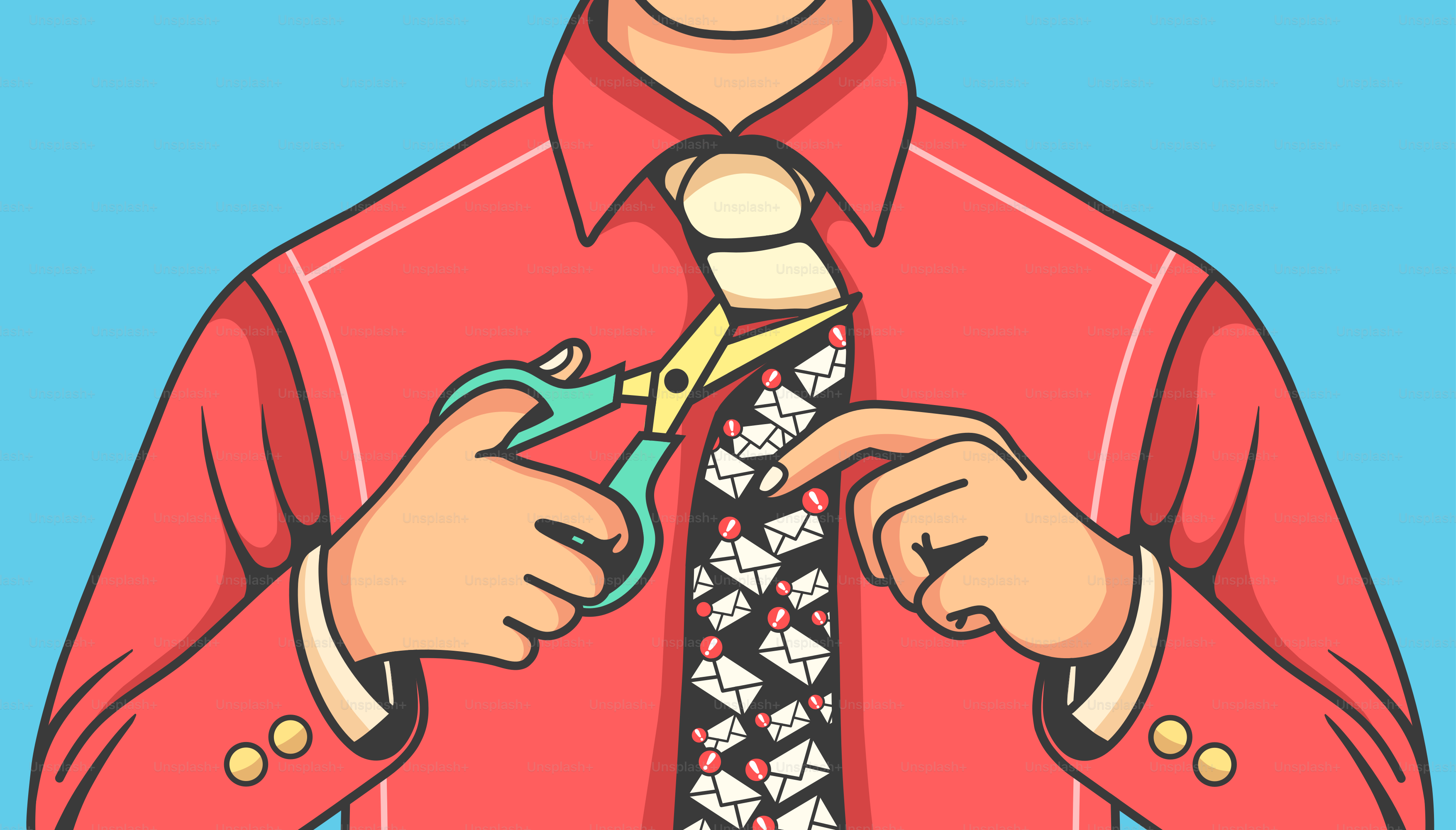 Man is cutting a tie filled with emails.