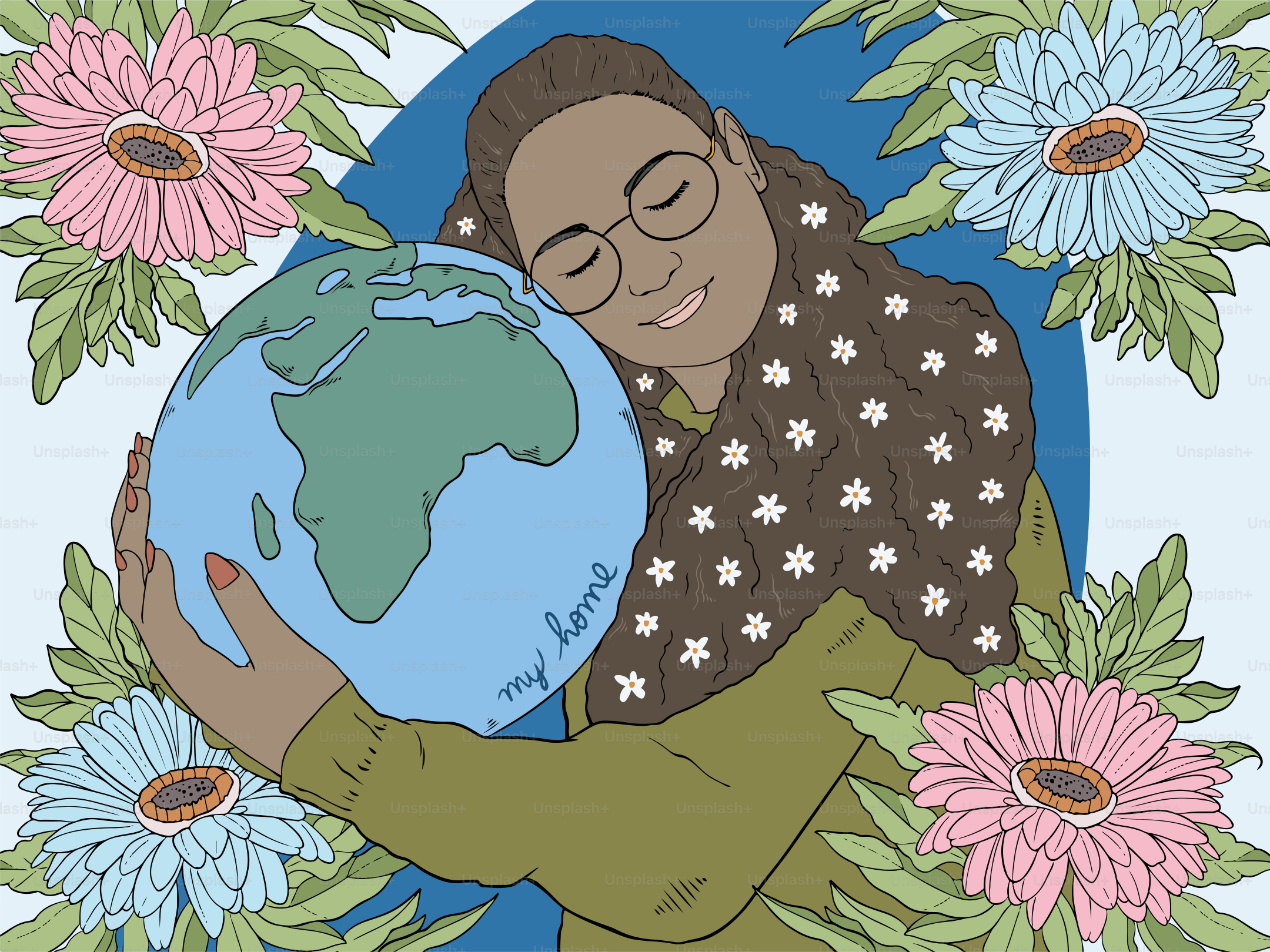 Woman hugs the earth, surrounded by flowers.