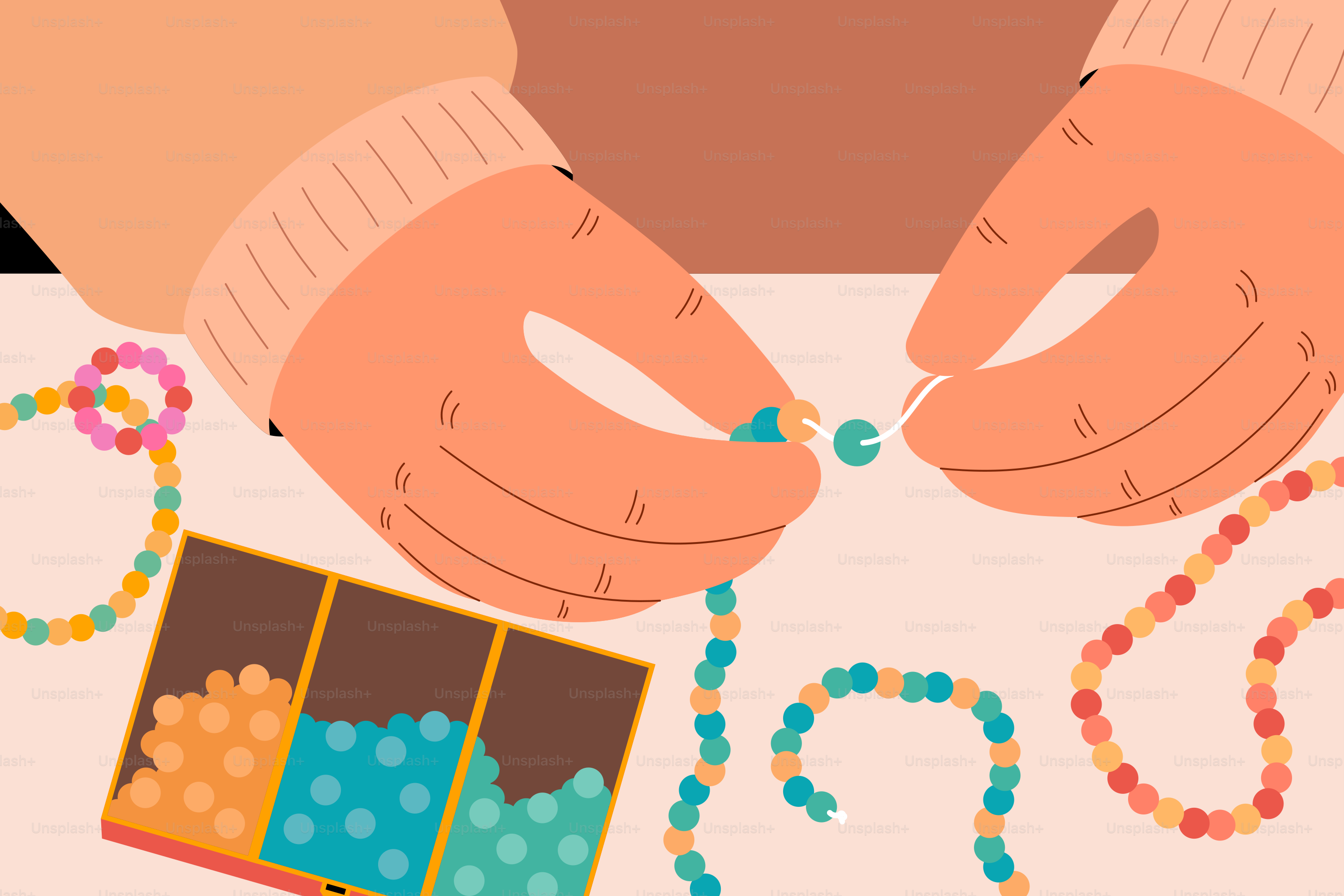 Someone is beading jewelry with colorful beads.