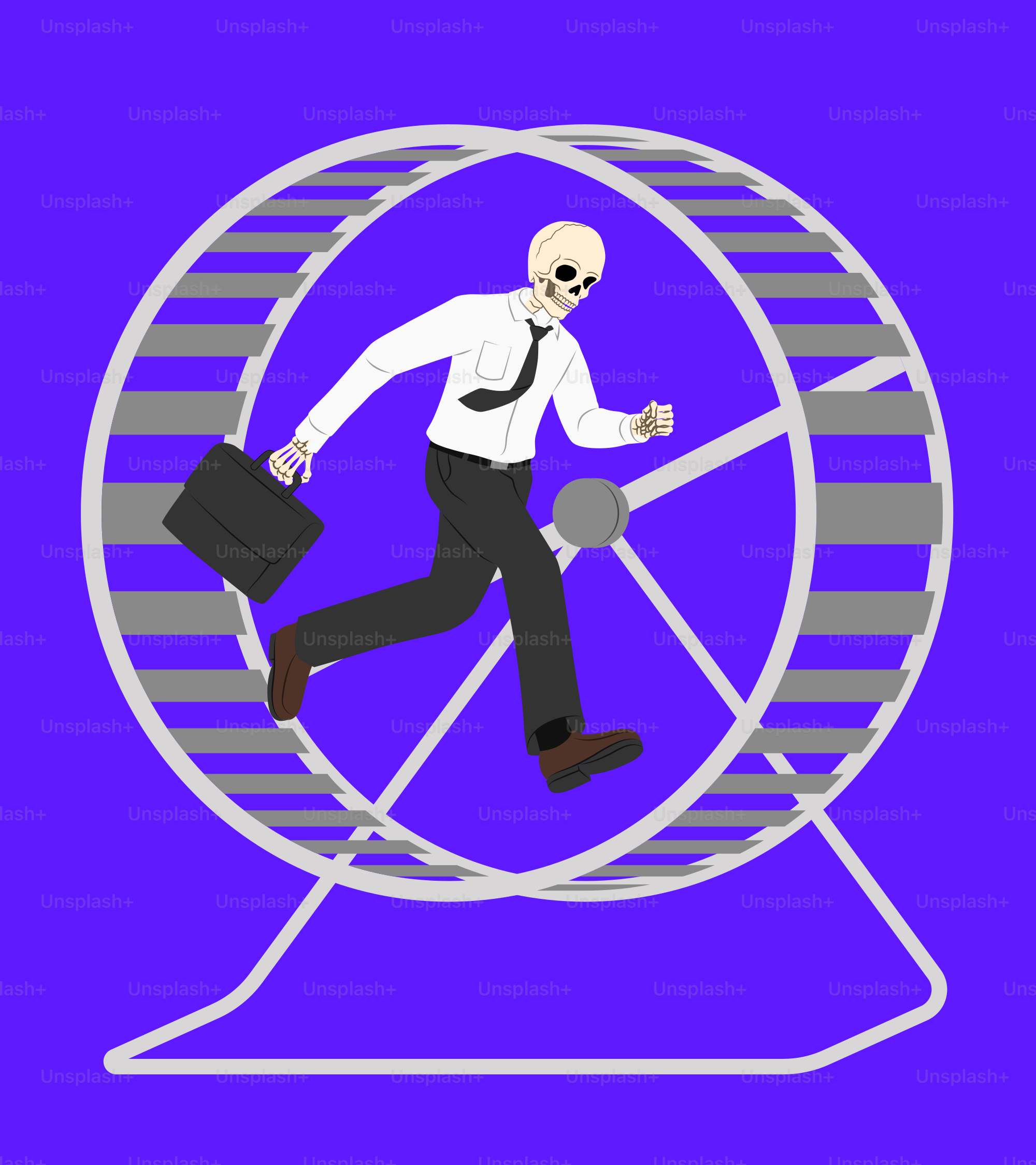 A skeletal worker runs on a hamster wheel.