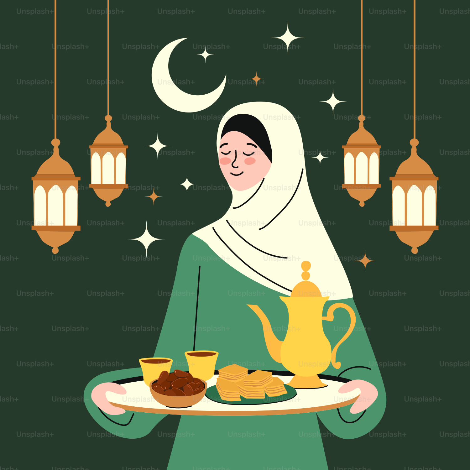 A woman holds a tray of food and drink.