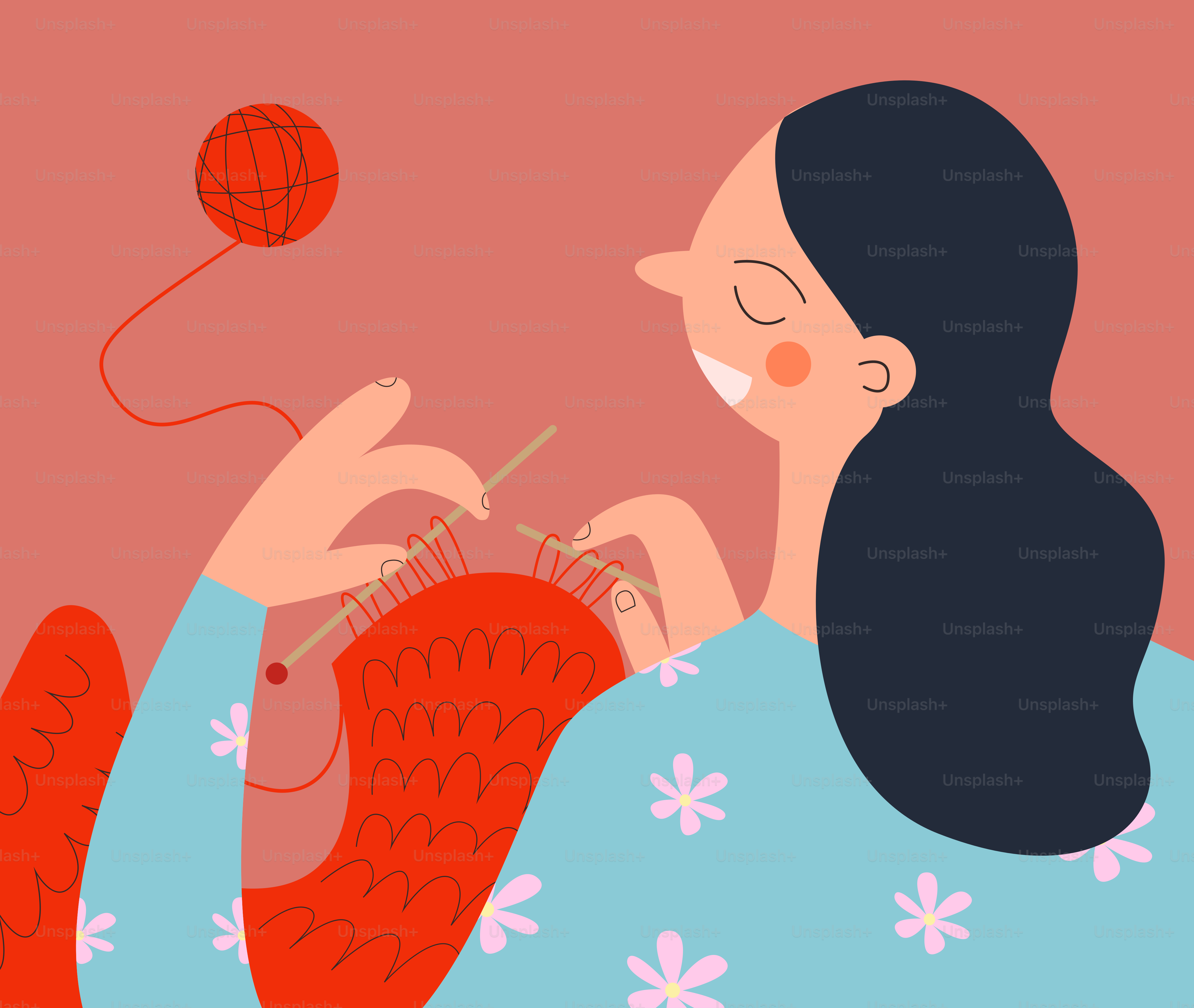 Une femme tricote joyeusement avec du fil et des aiguilles.