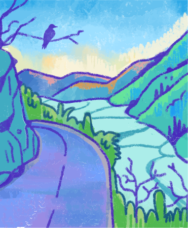 A bird watches over a winding road in the mountains.