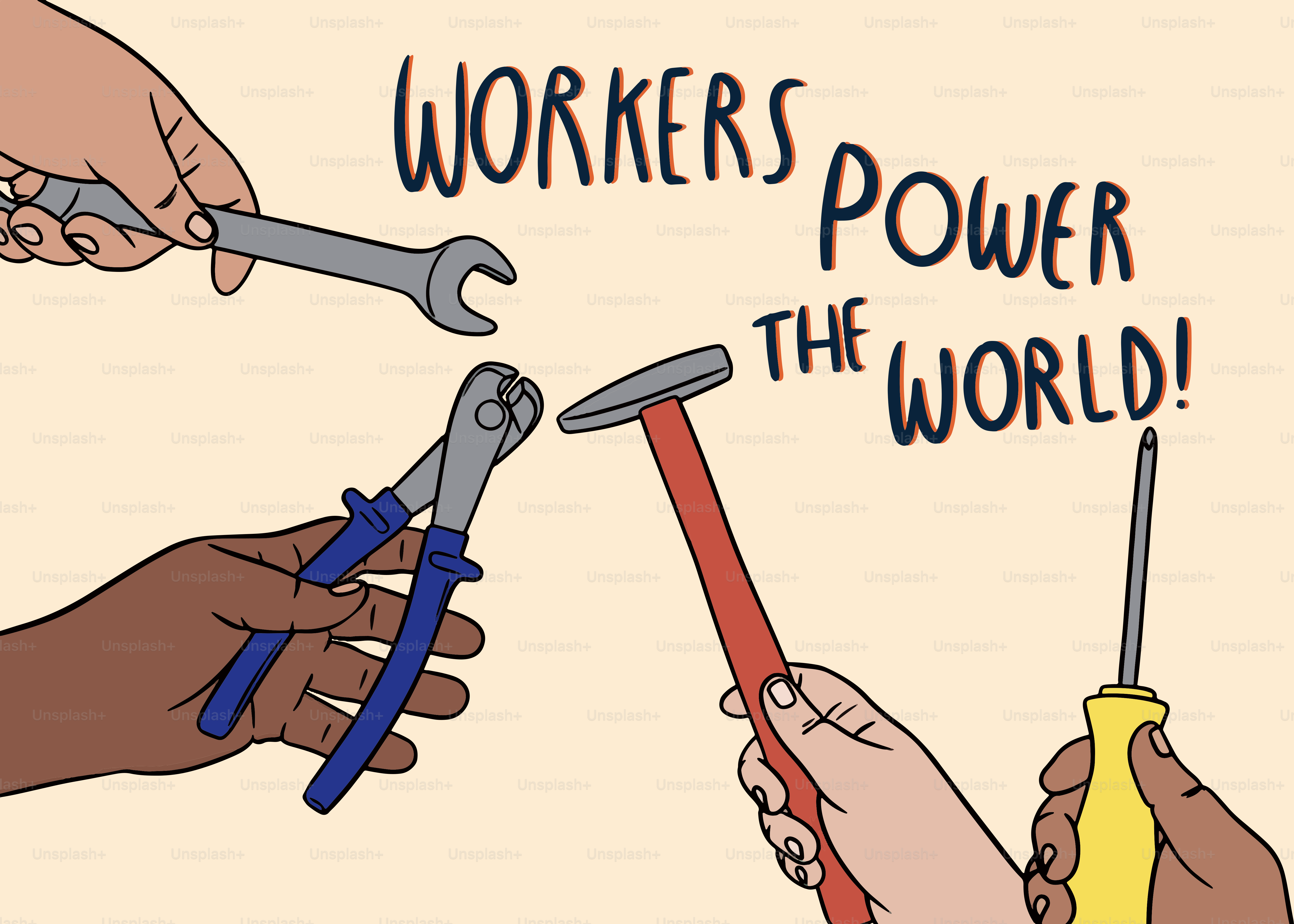 Los trabajadores usan herramientas para impulsar el mundo.
