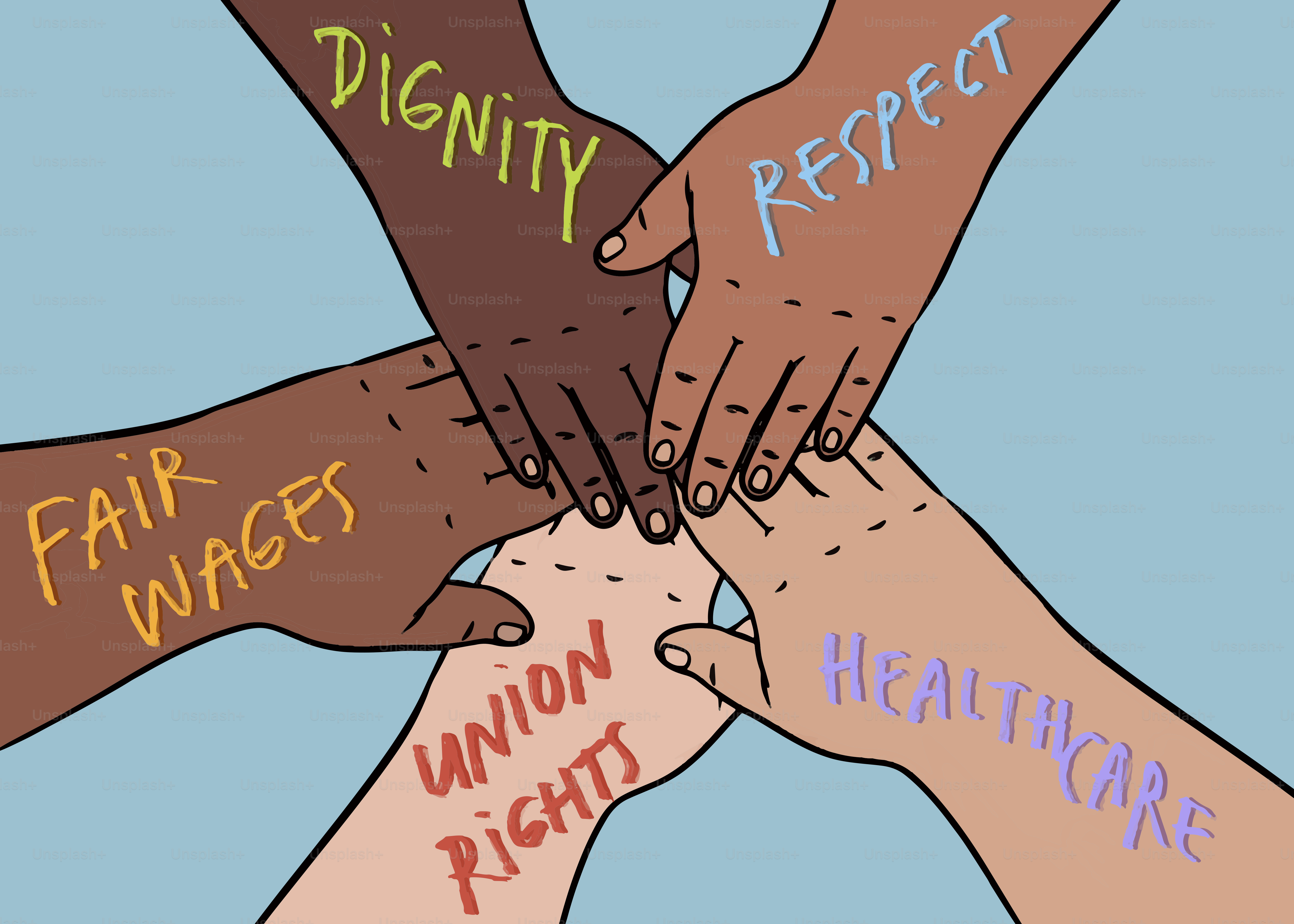 Hands together for workers' rights and dignity.
