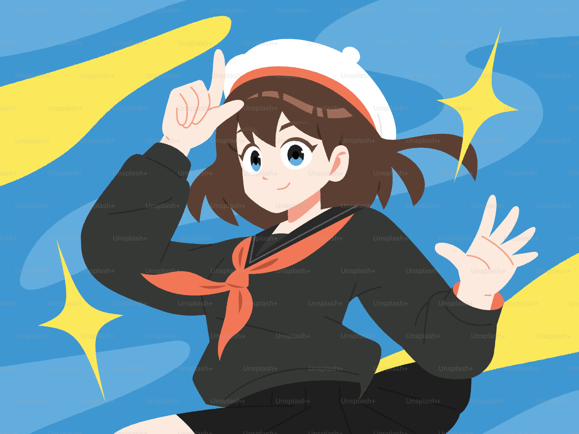 A girl in a sailor outfit gives a friendly wave.