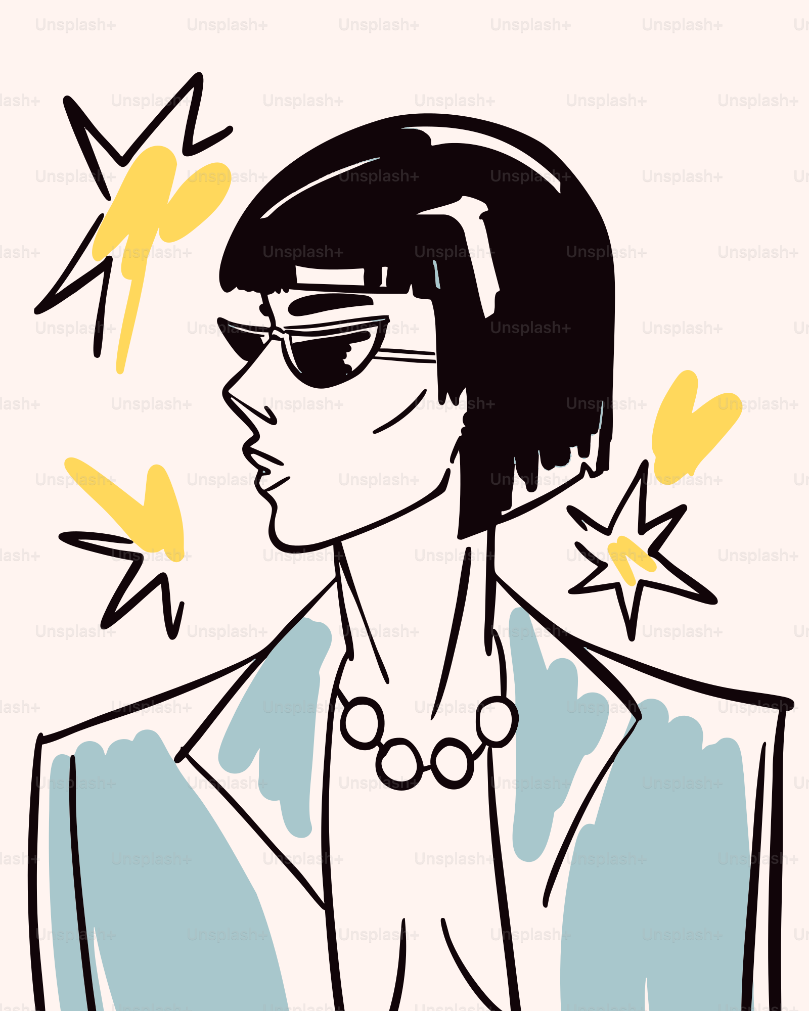 Une femme élégante en blazer et lunettes de soleil.