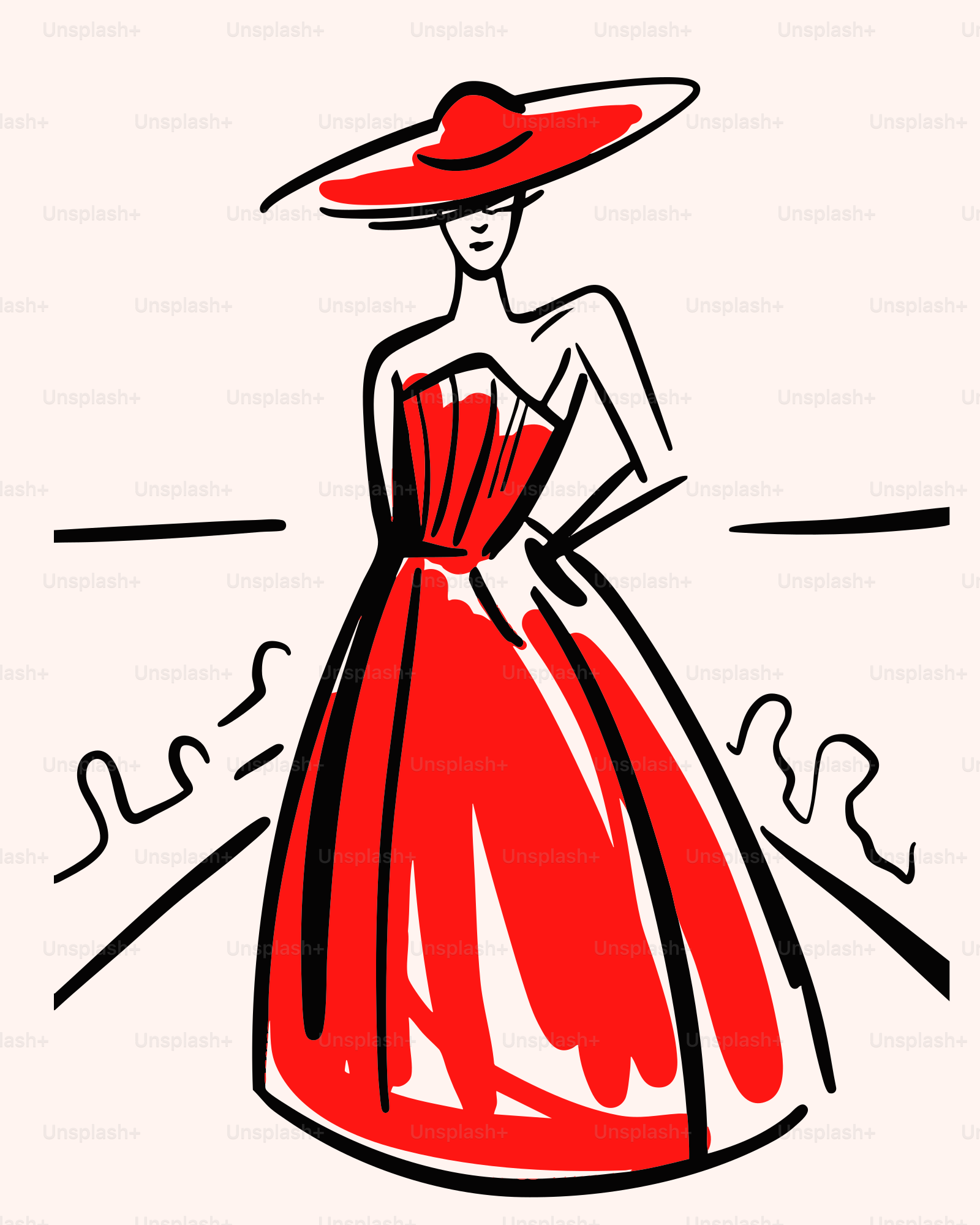Fashion illustration of a woman in a red dress.