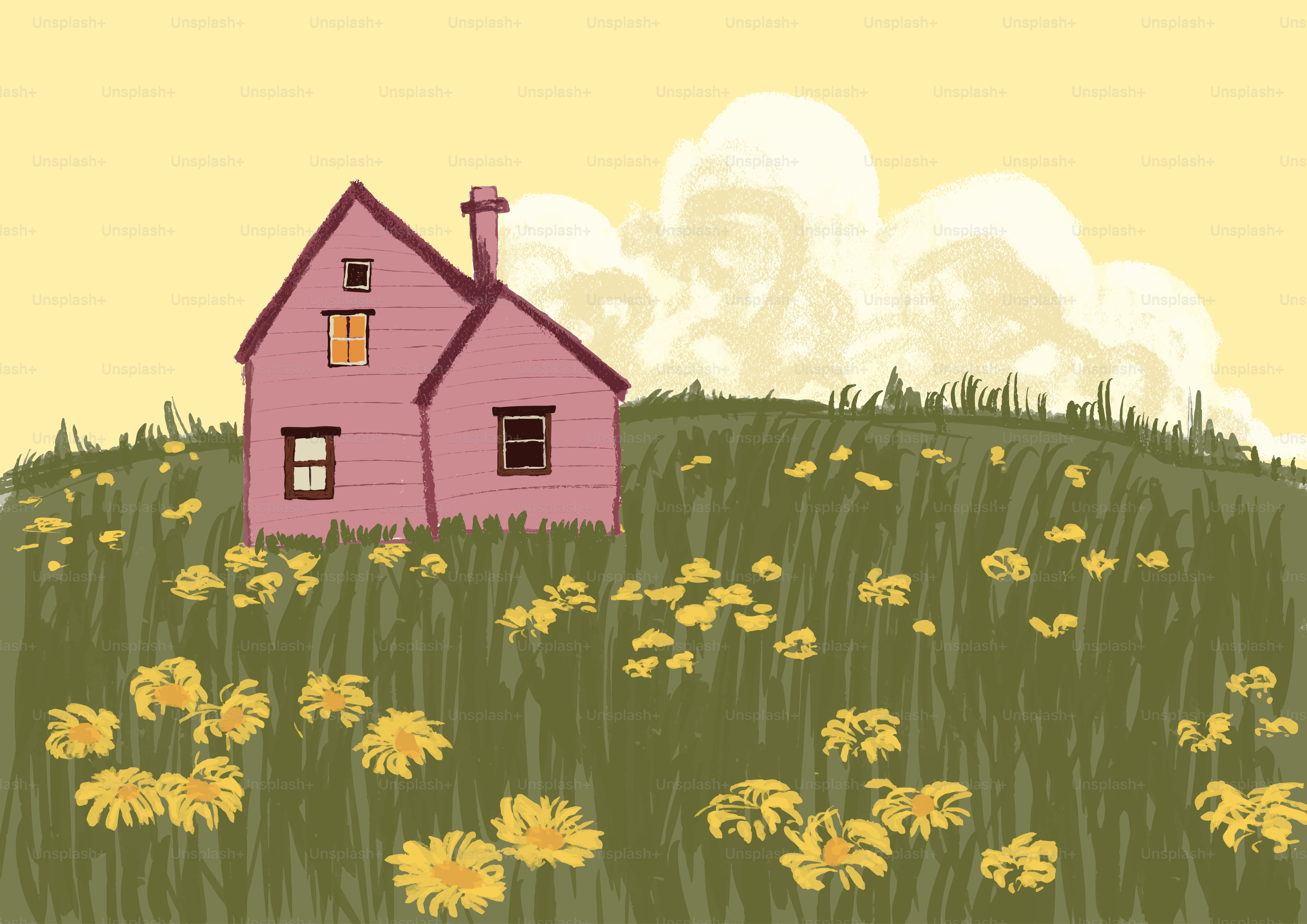 A pink house sits in a field of flowers.