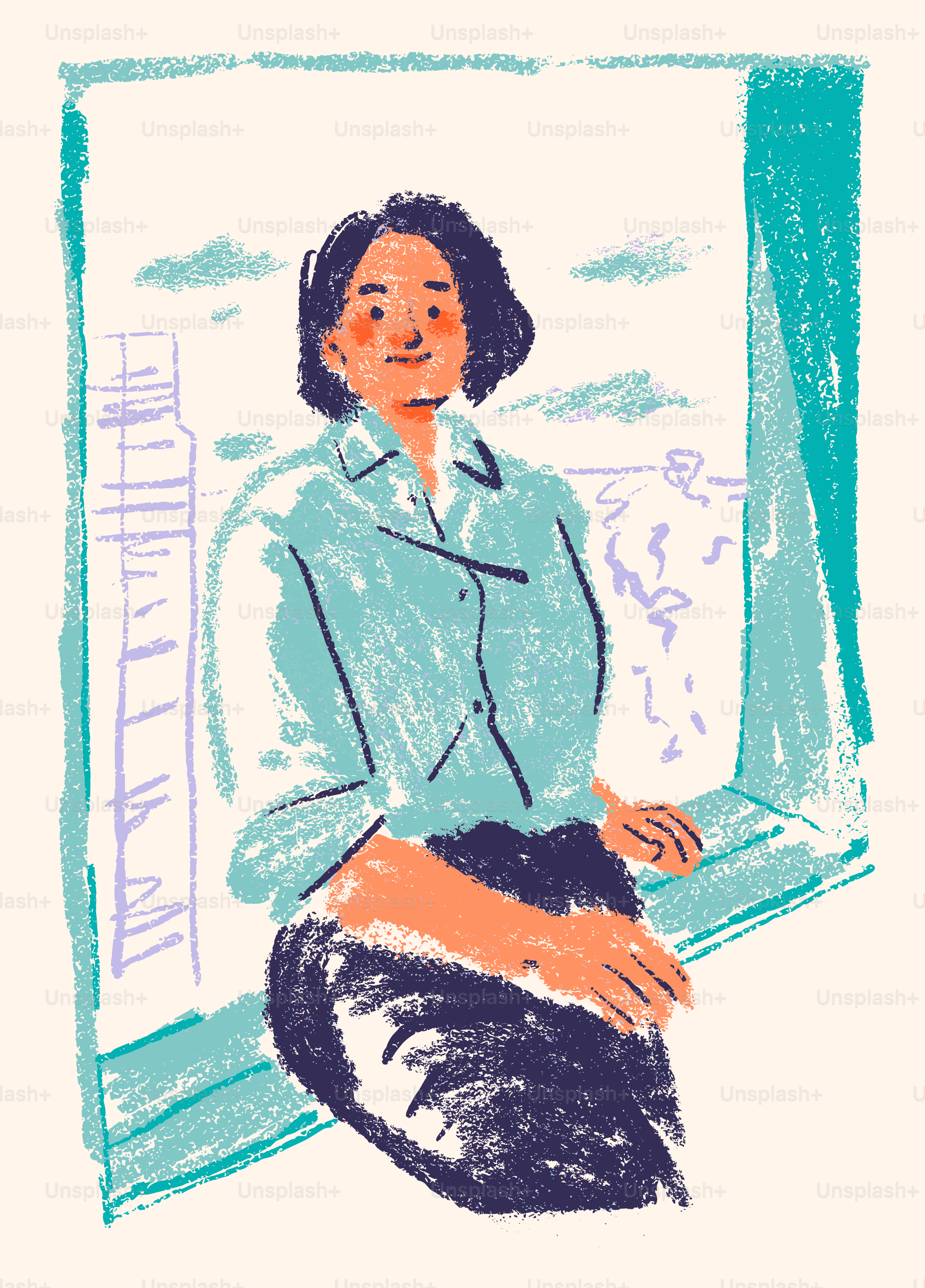 Woman poses by a window overlooking a cityscape.