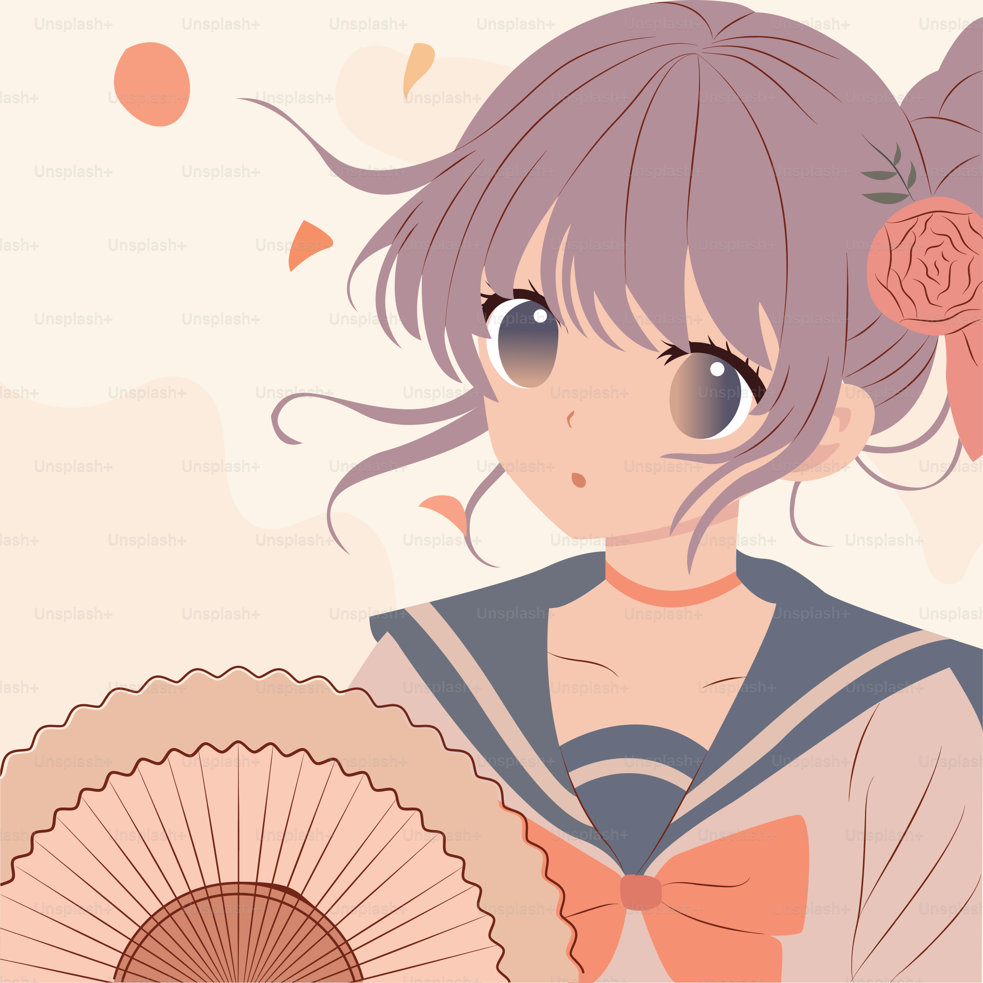 Anime girl holding a fan in pastel colors.