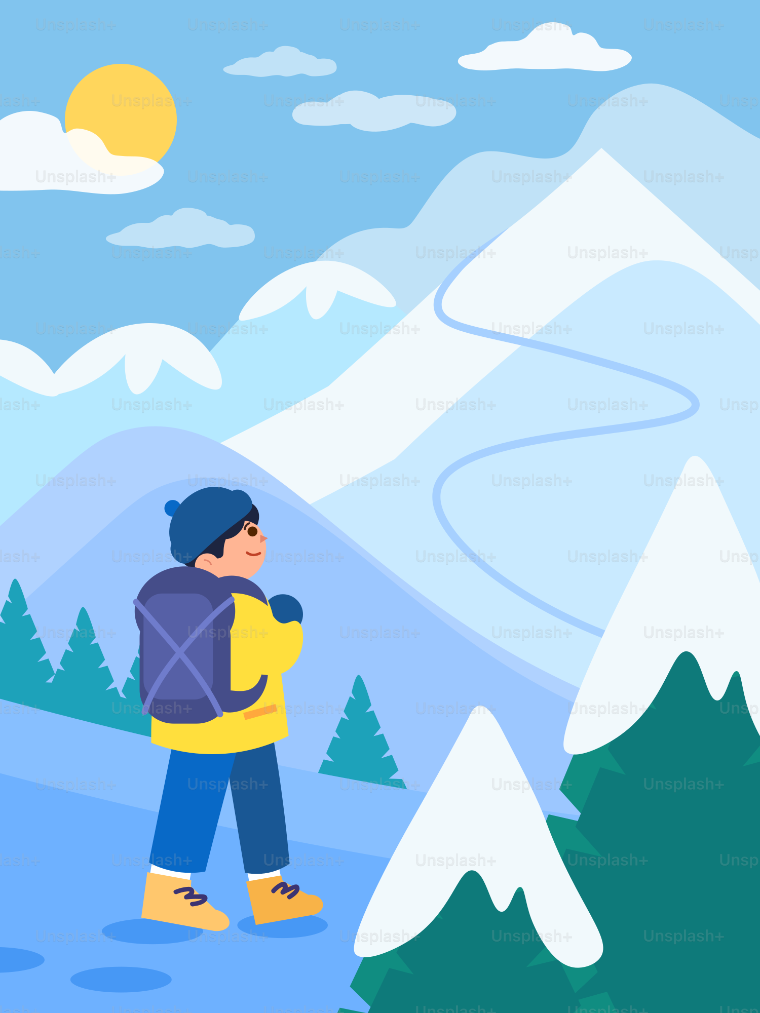 A person hikes up snowy mountains.