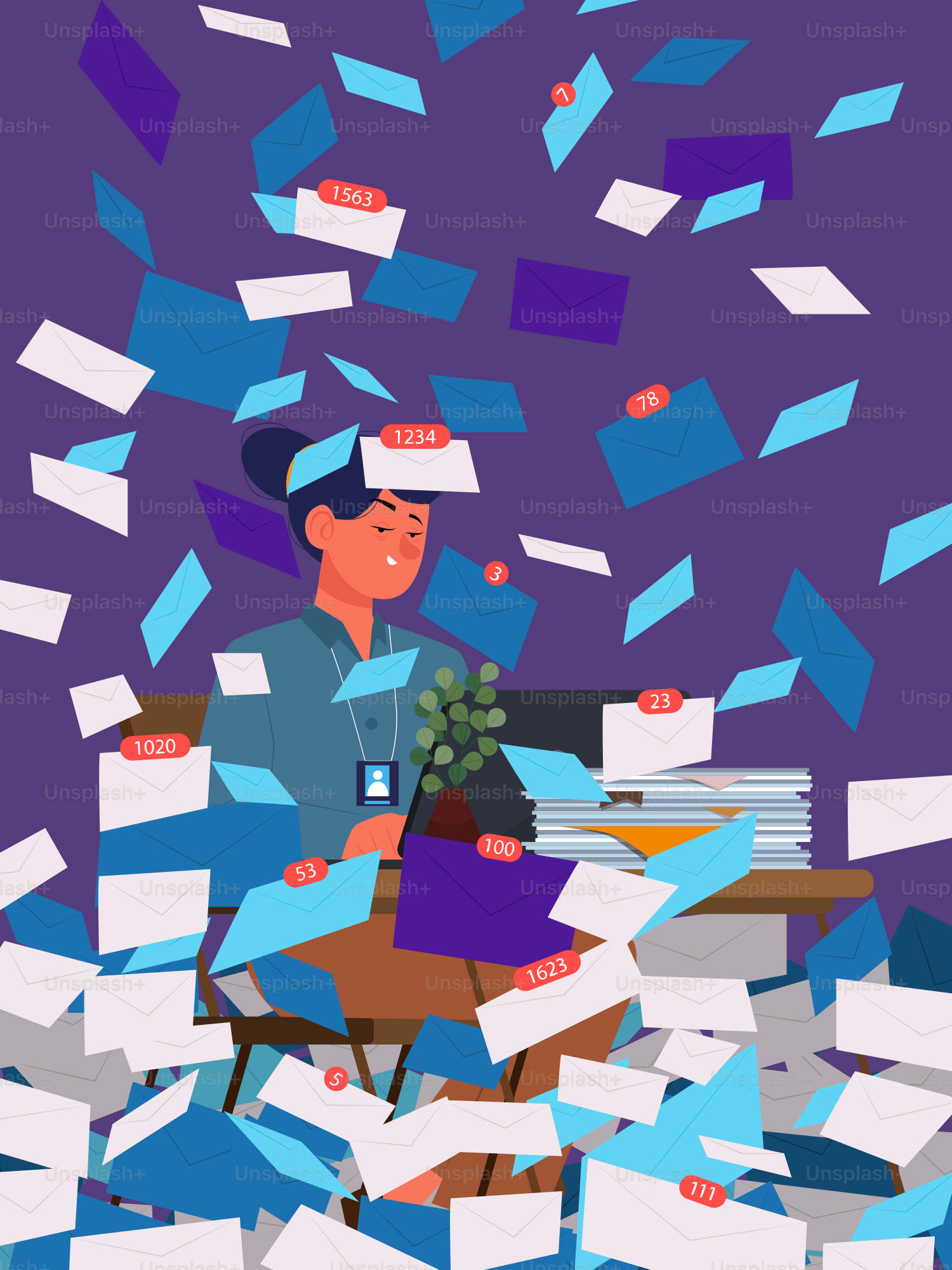 Pekerja kantoran yang kewalahan dikelilingi oleh email yang tak terhitung jumlahnya.