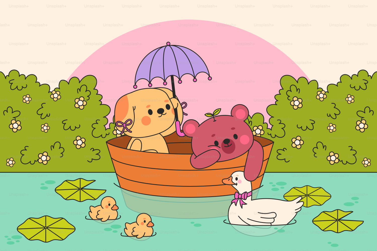 犬とクマはアヒルと一緒にボートに乗ります。