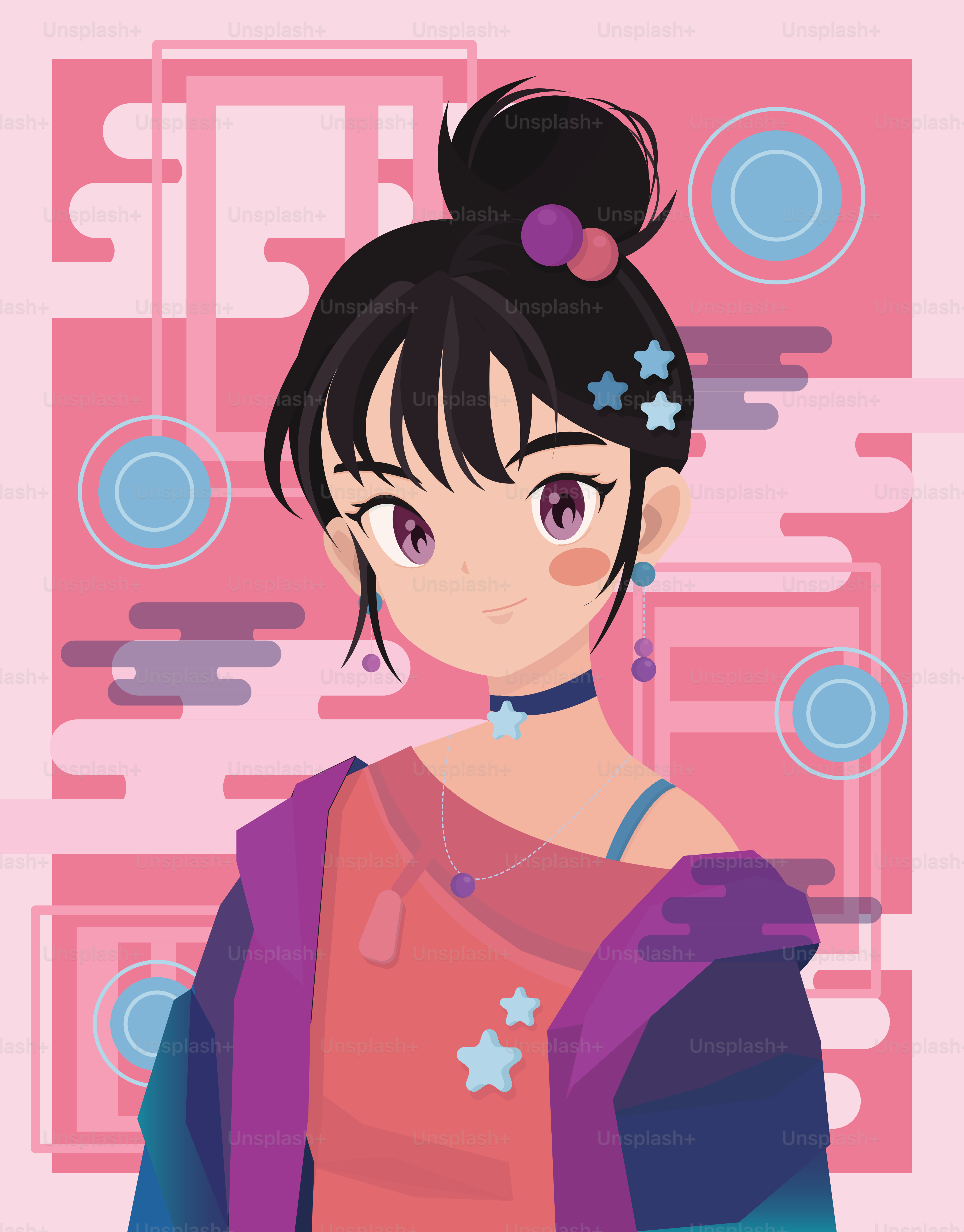 A cute anime girl smiles in a pink, abstract setting.