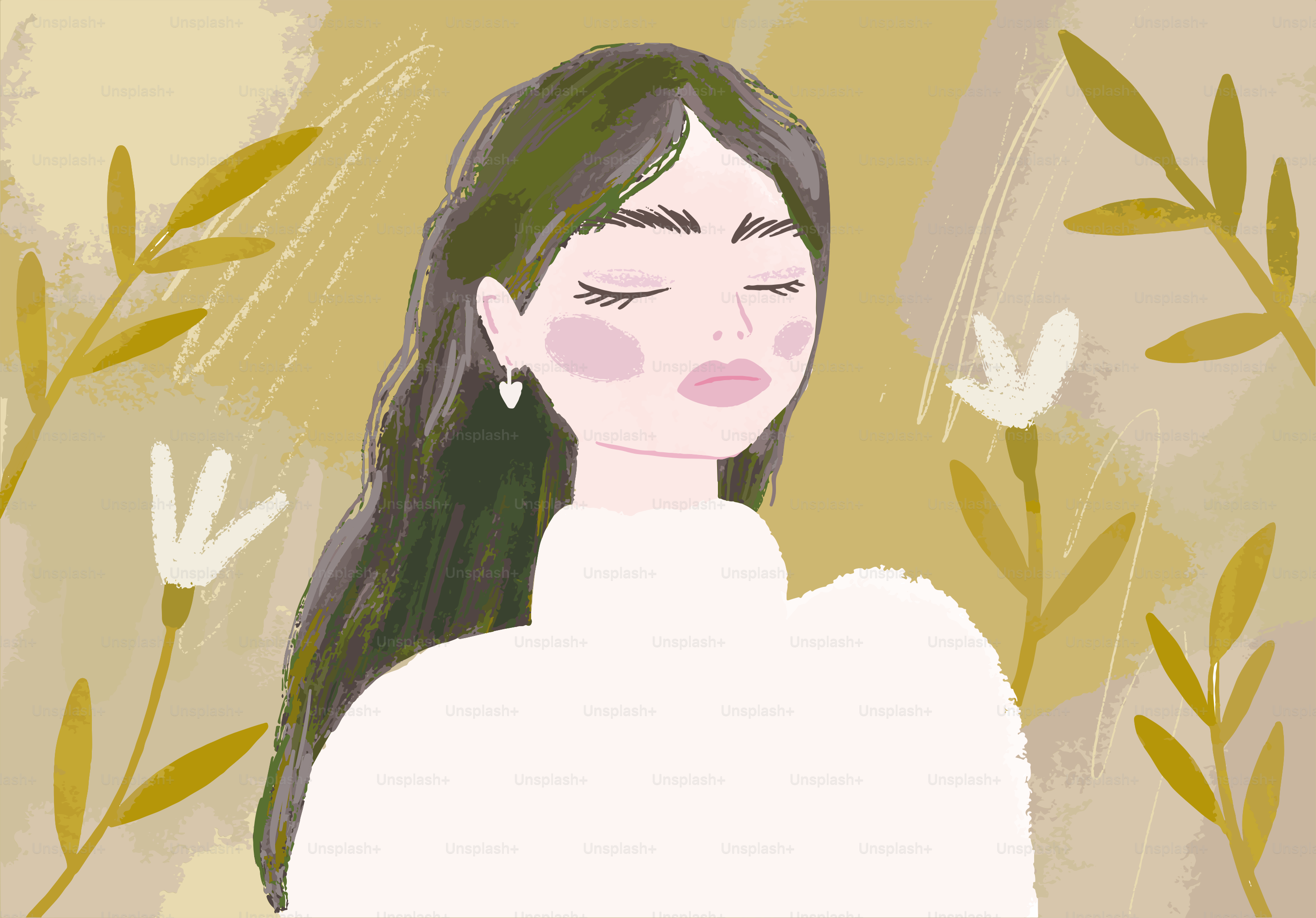 A relaxed woman with eyes closed, surrounded by nature.