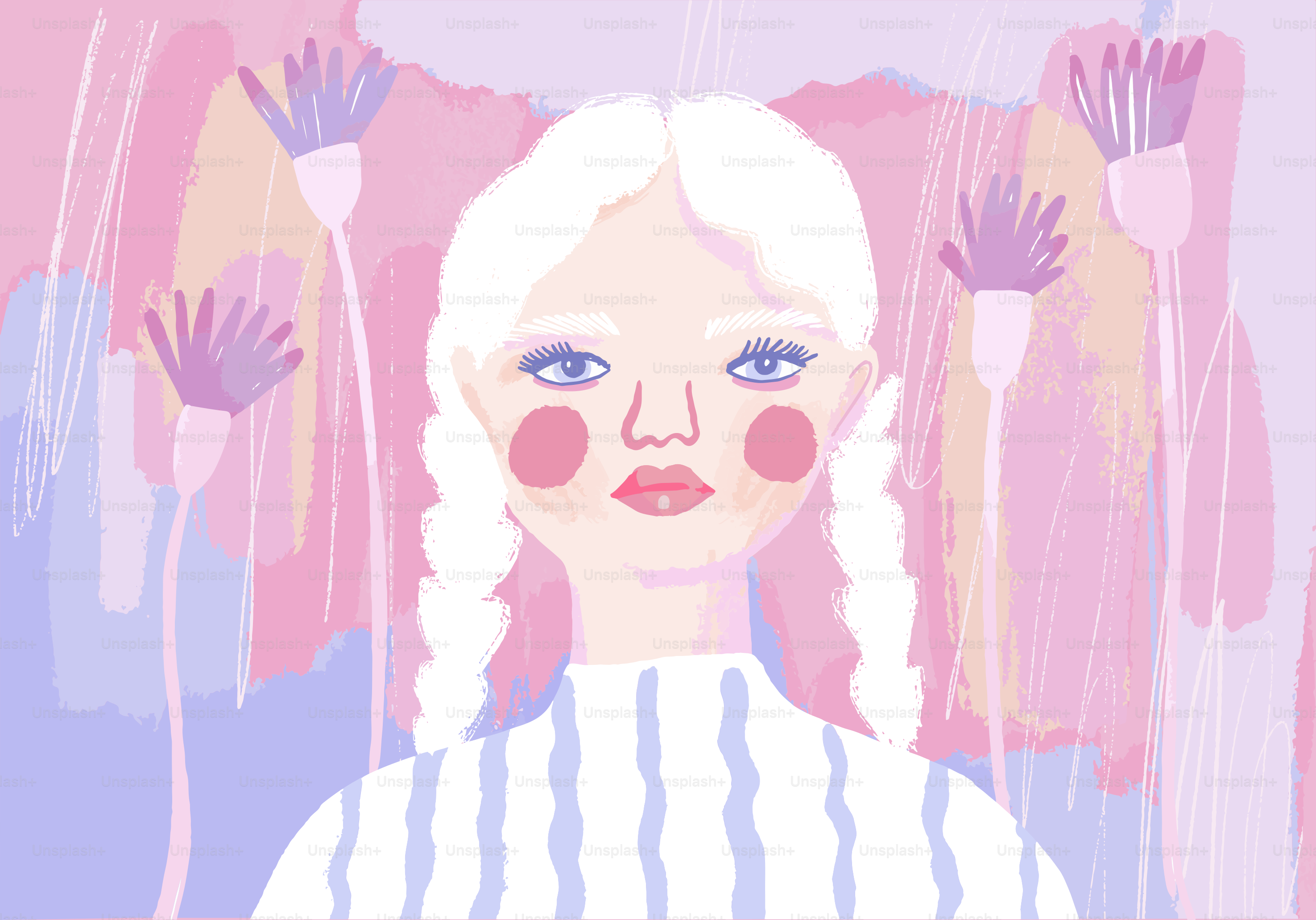 A young woman with white braids and flowers.