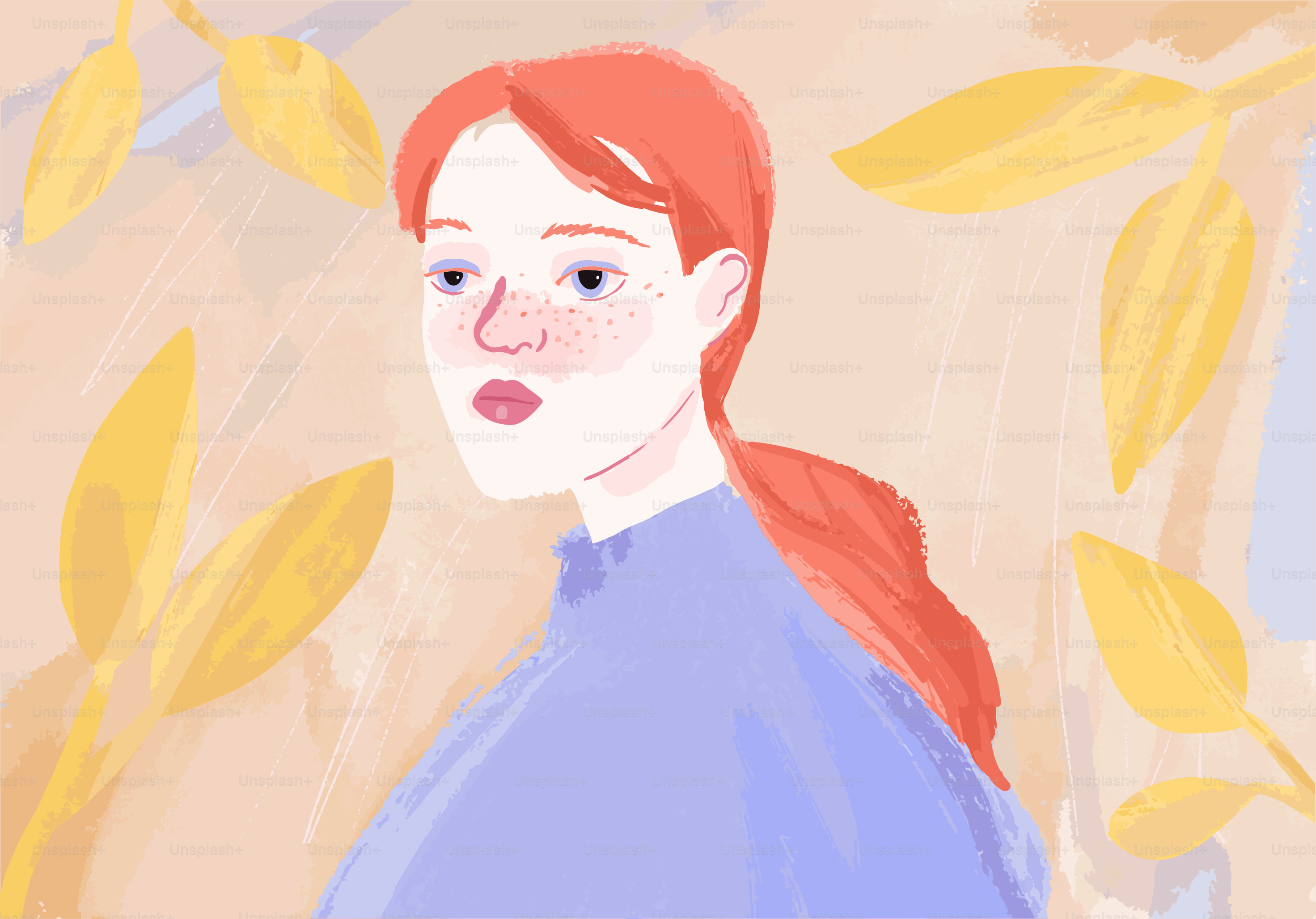 A red-haired woman poses amidst yellow leaves.