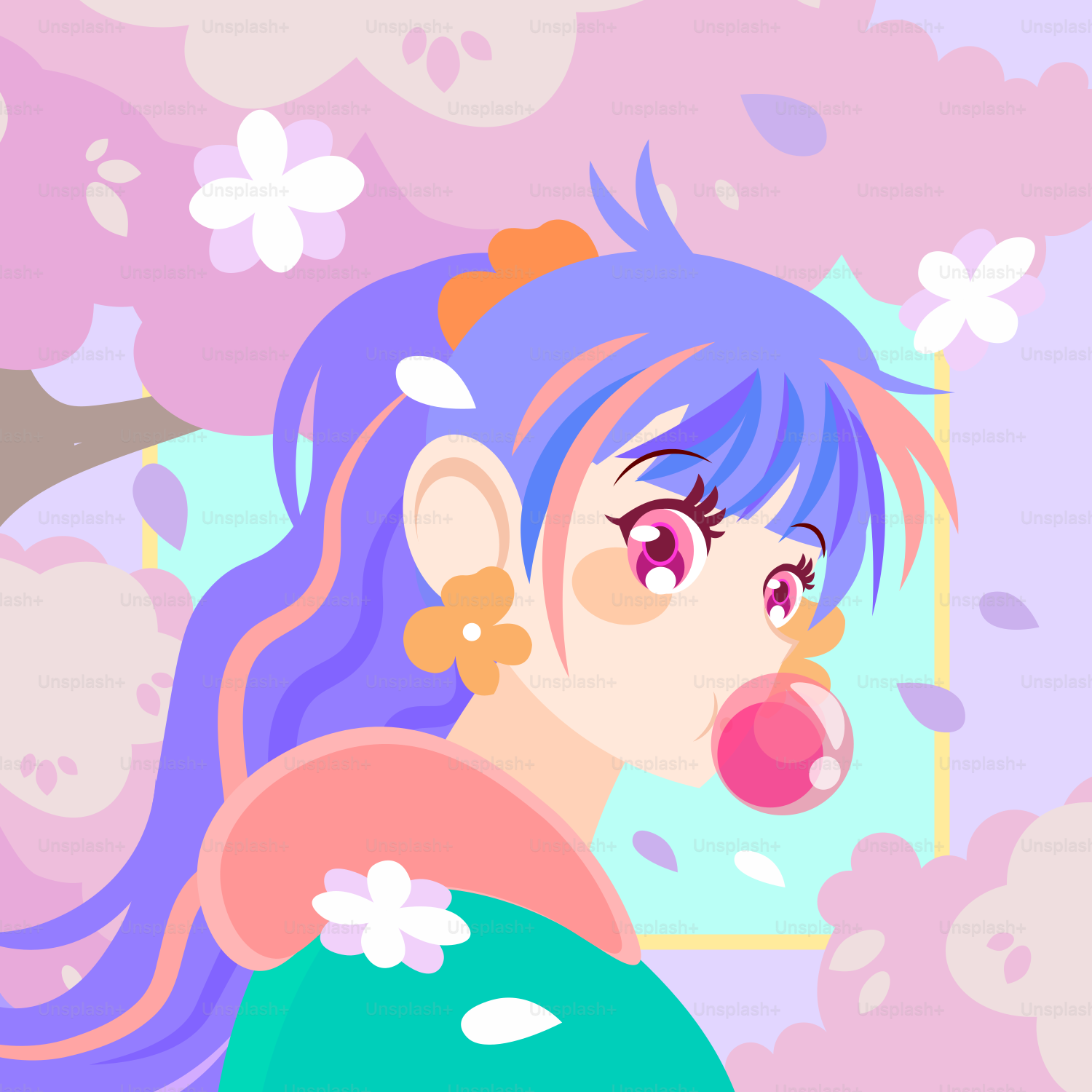 꽃이 가득한 환경에서 거품을 불고 있는 애니메이션 소녀. 벡터 – Unsplash의 아니메 이미지, image size:3000x3000
