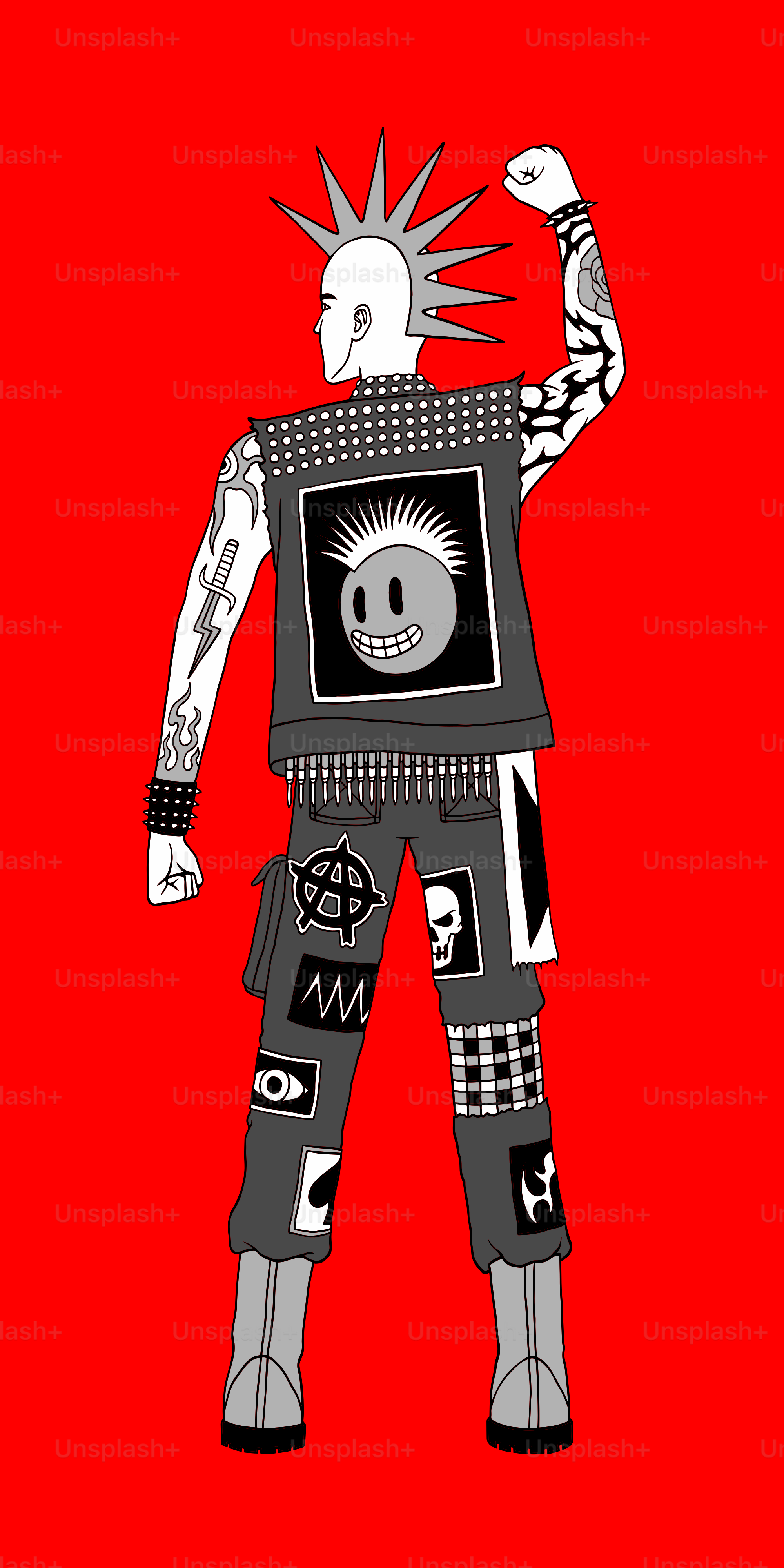 Un punk rocker con peinado de puntas y tatuajes.