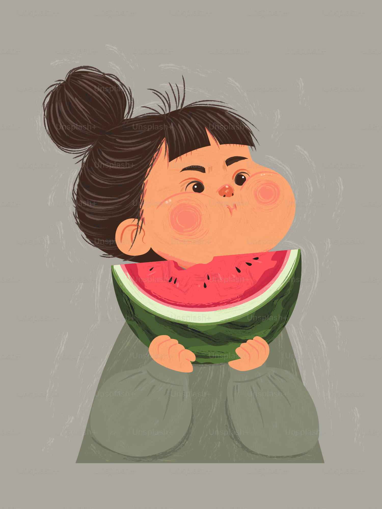 A girl enjoys a large slice of watermelon.