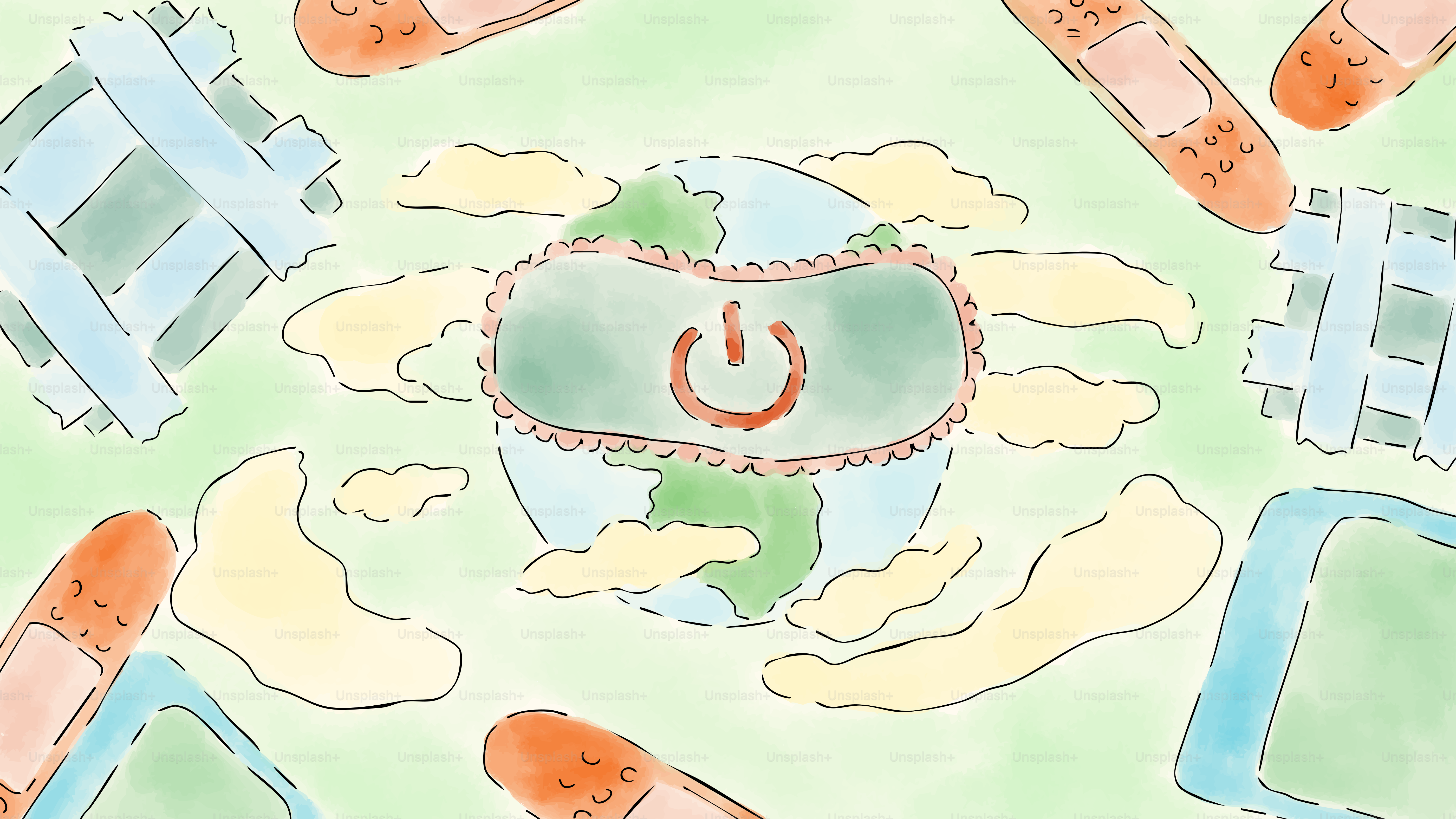 Earth is healing with bandages and a power button.