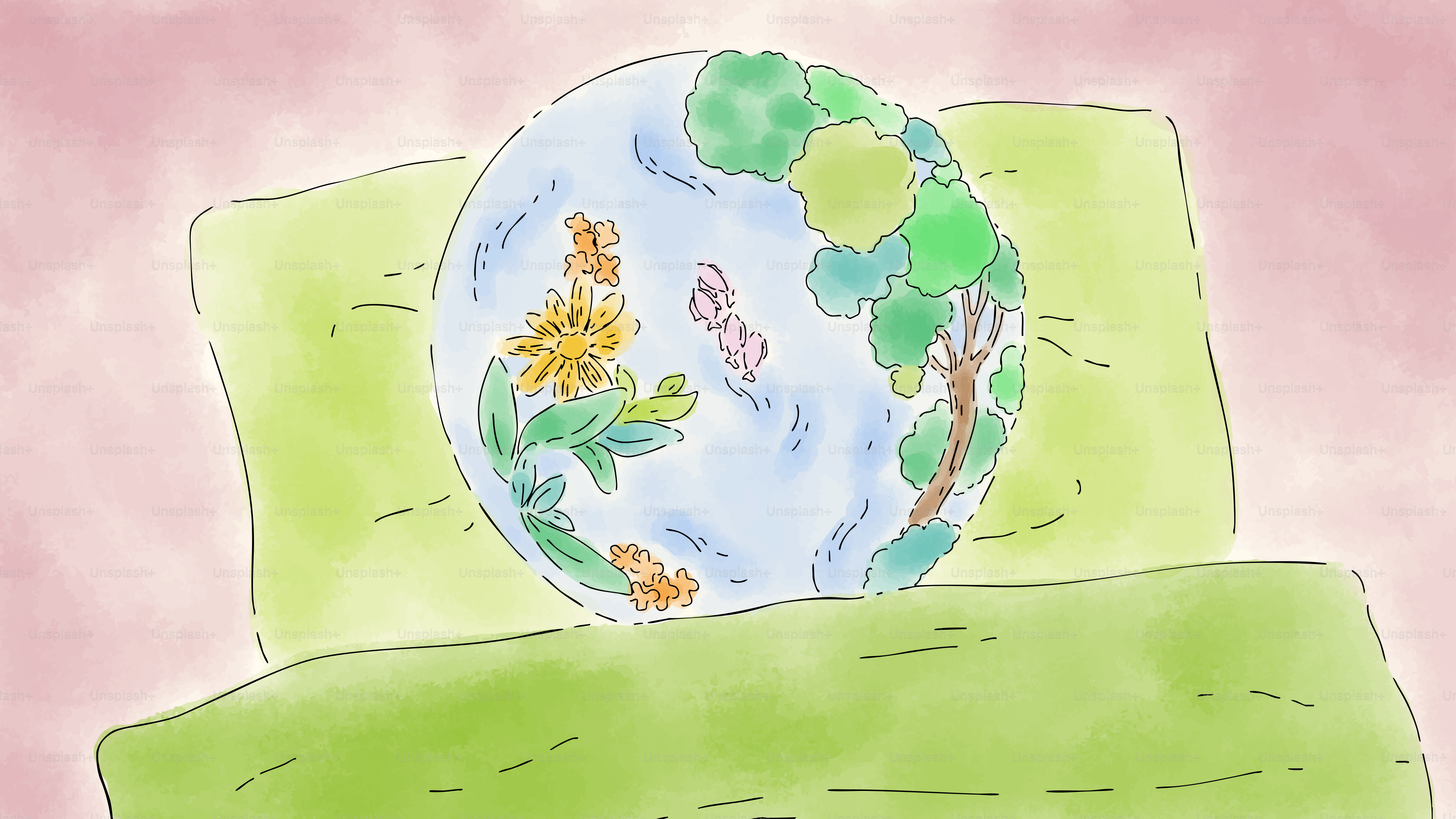 The earth, adorned with nature, resting on pillows.