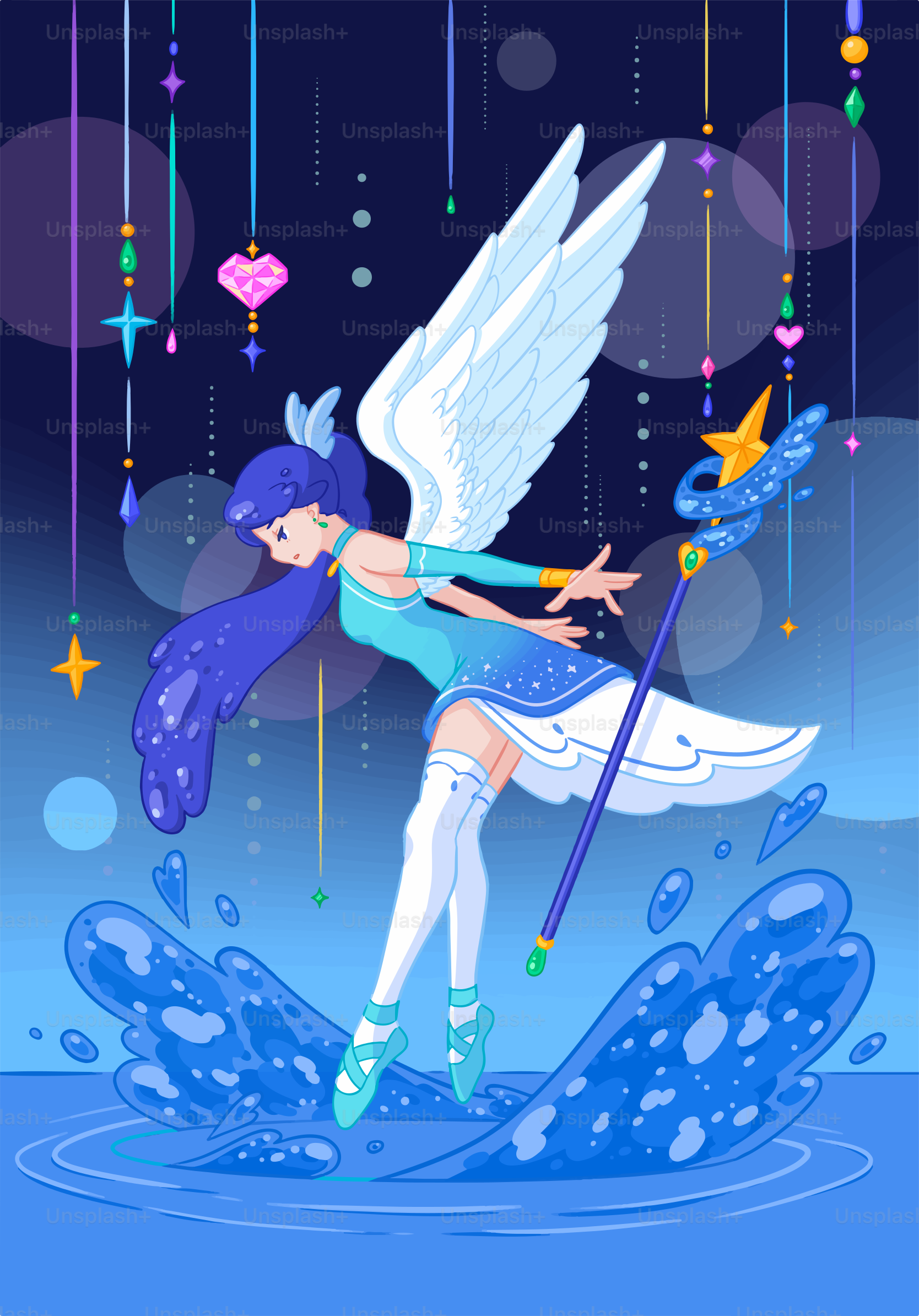 天使の少女が魔法で水を作り出す。