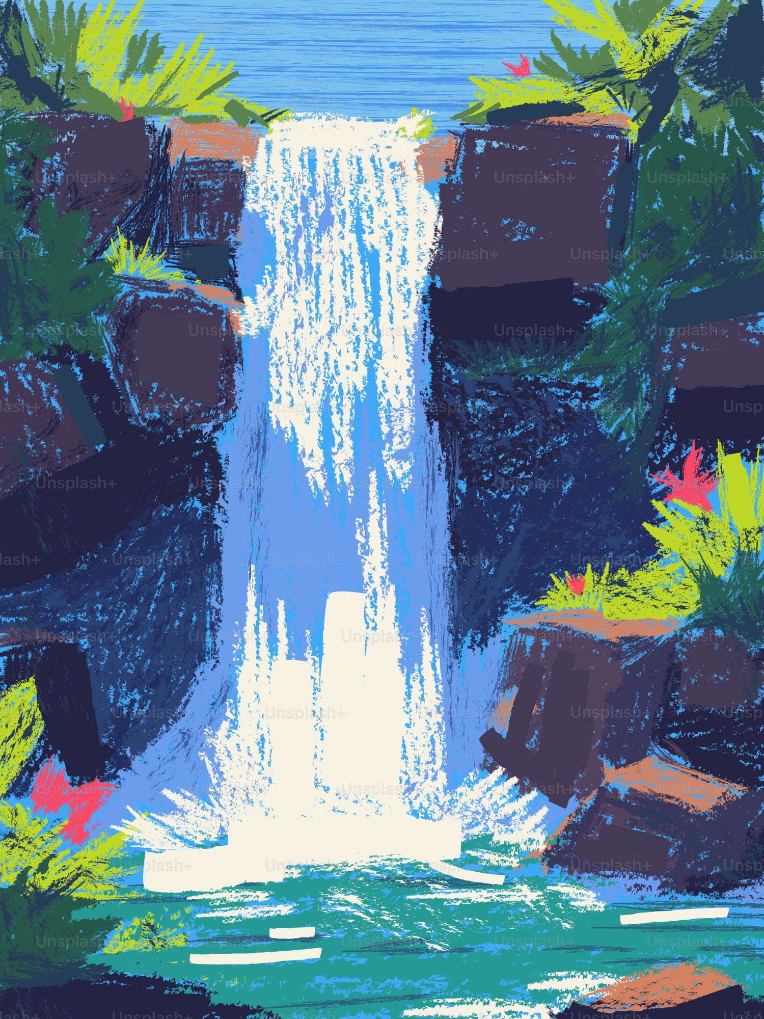 A beautiful waterfall cascades into a crystal-clear pool.