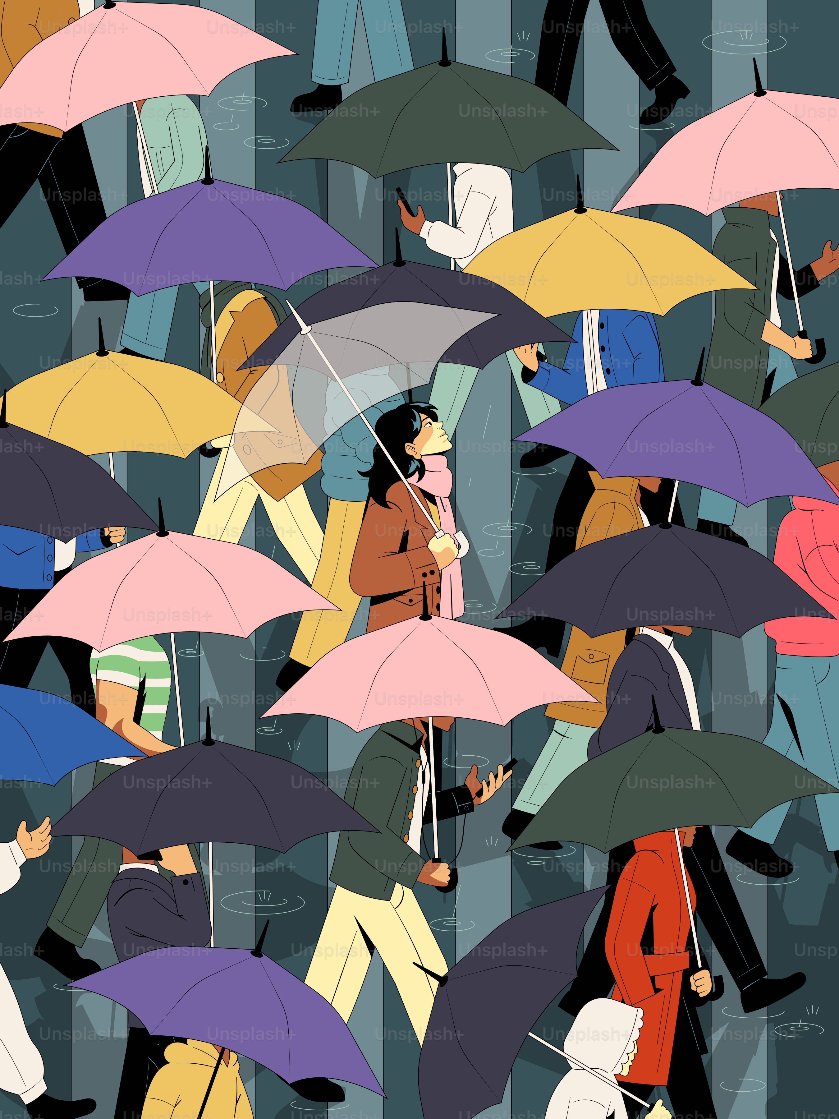 People with umbrellas walk in the rain.