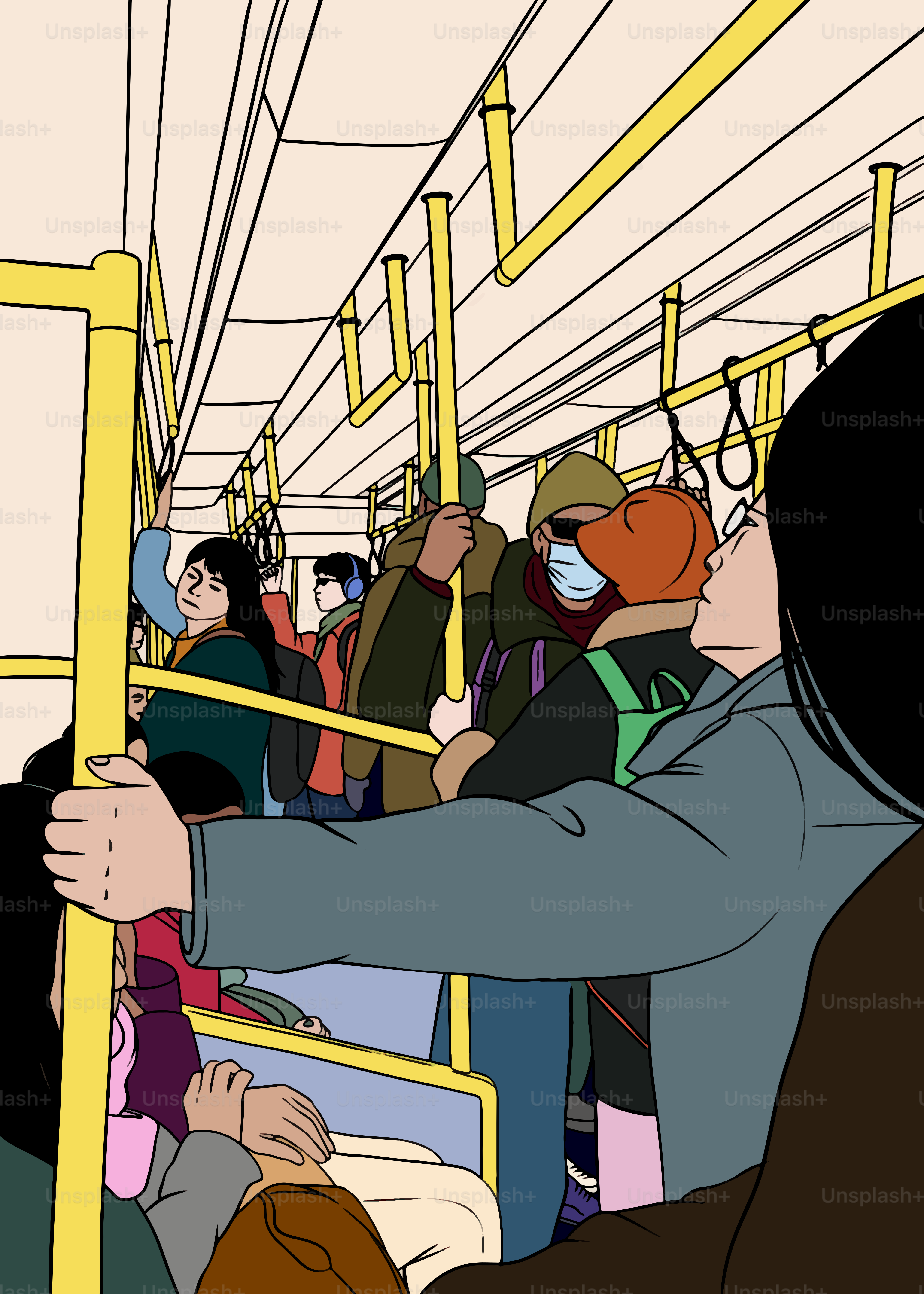 People are packed tightly together on a busy bus.