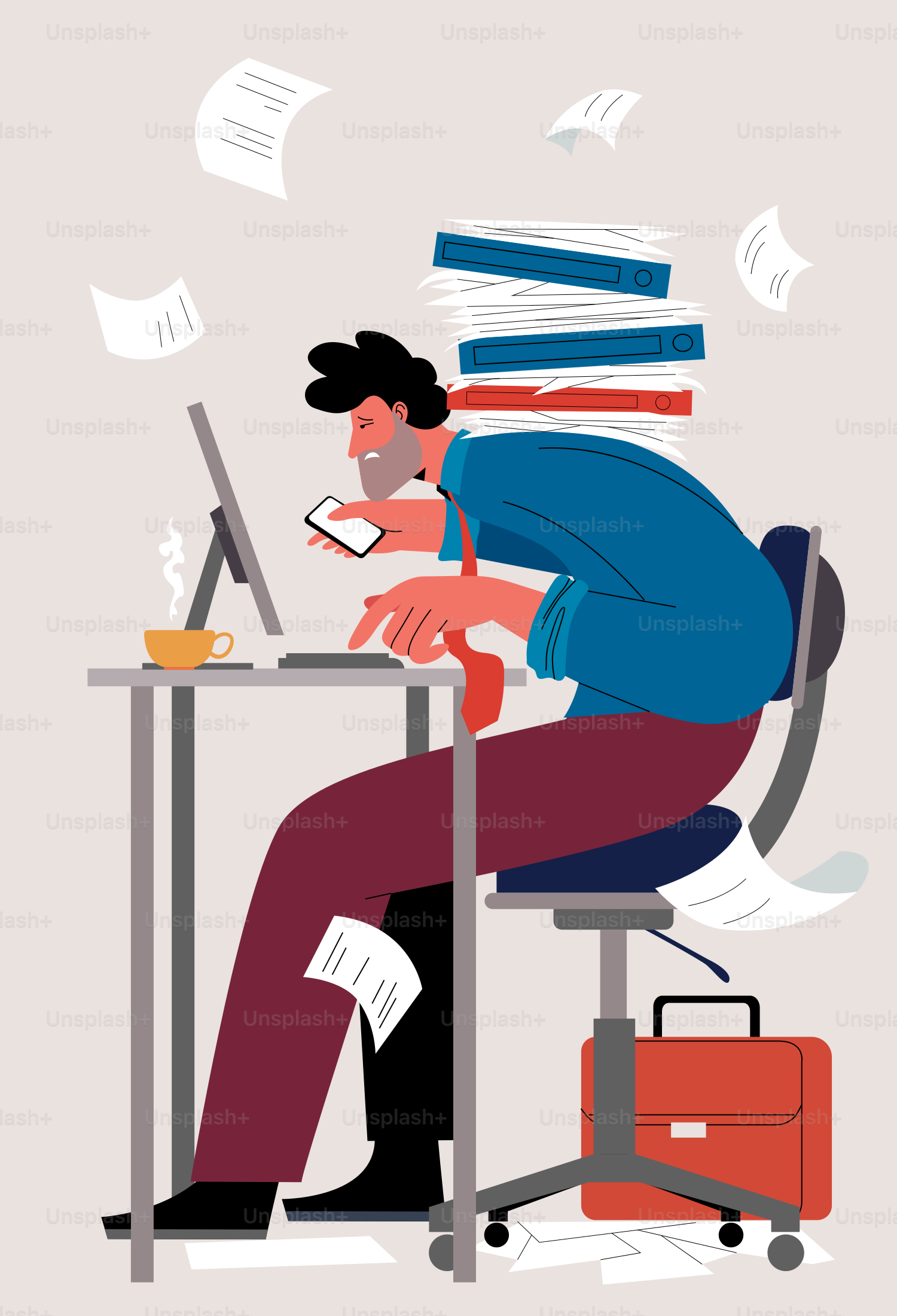 A stressed worker struggles with a mountain of paperwork.