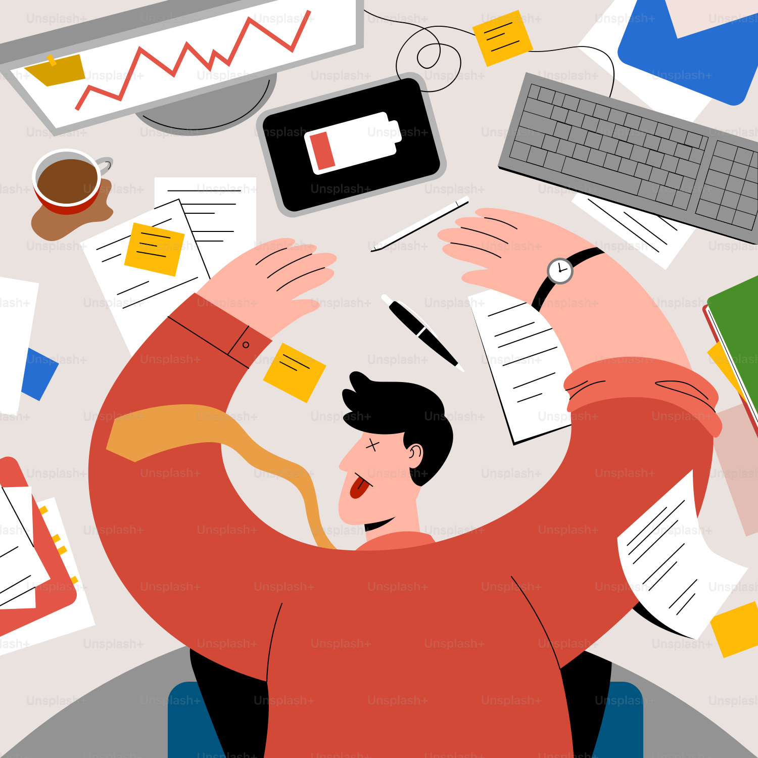 Stressed person surrounded by office chaos and low battery.