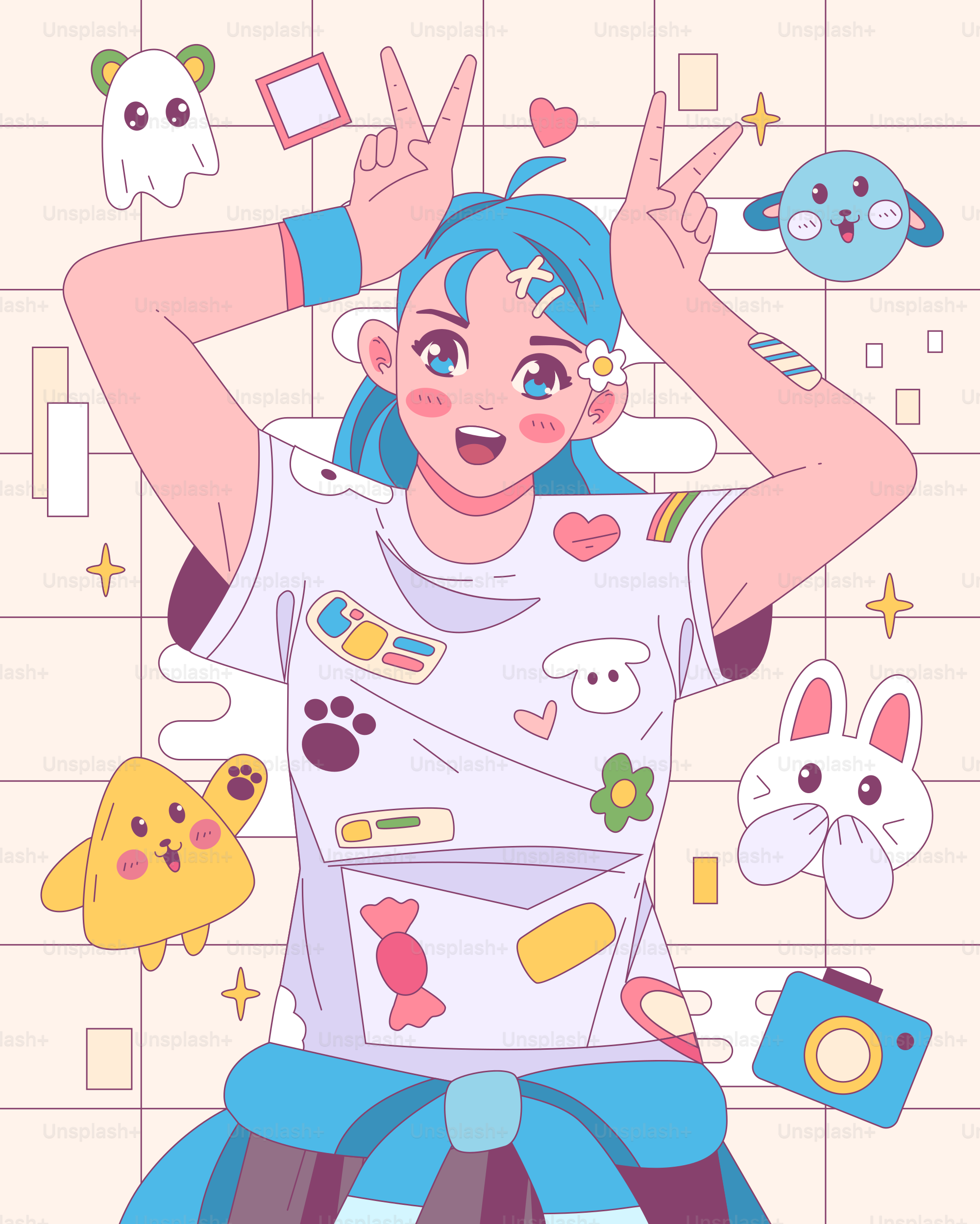 A cute, colorful anime girl gives a peace sign.