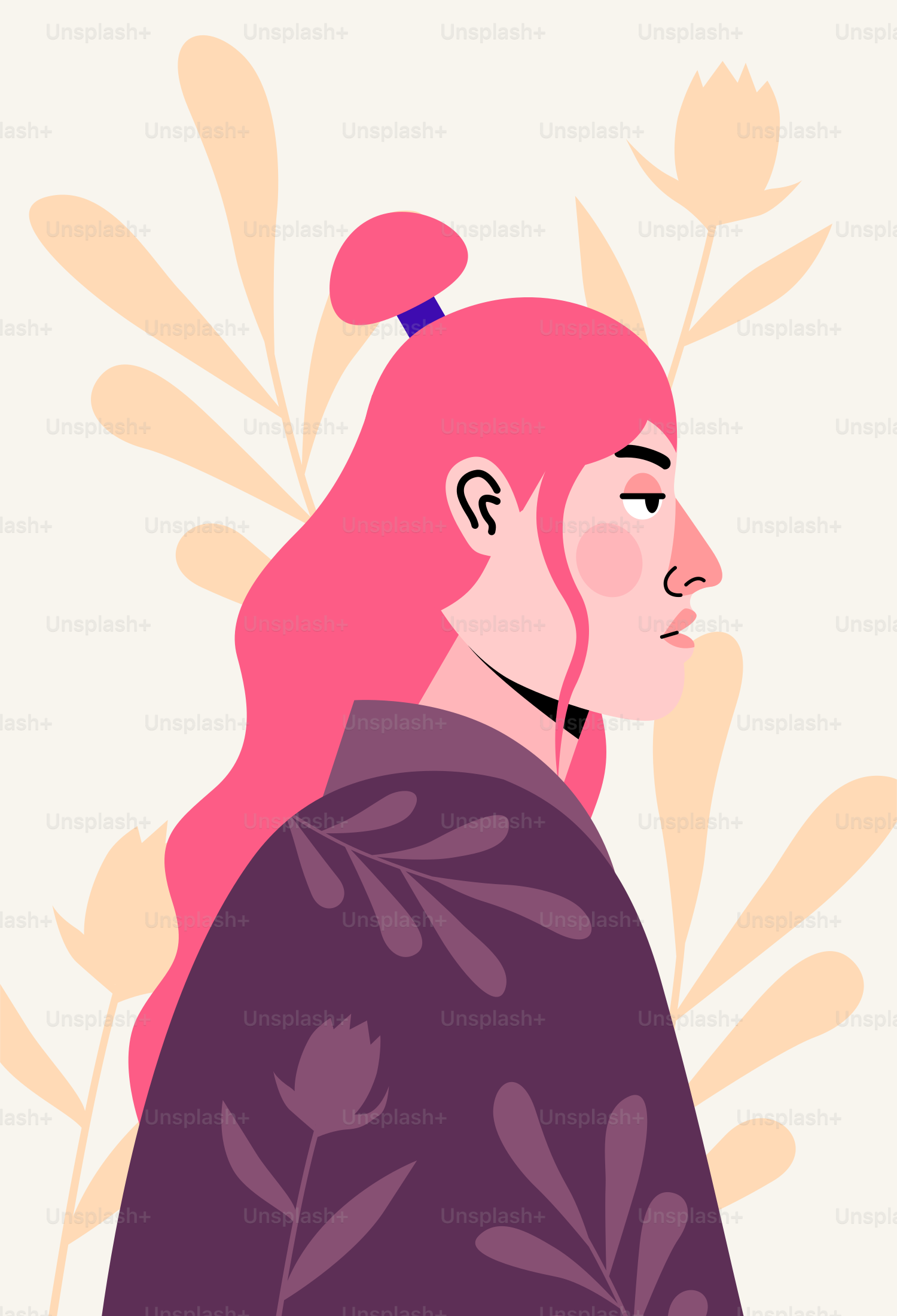 Uma mulher de quimono olha para longe.