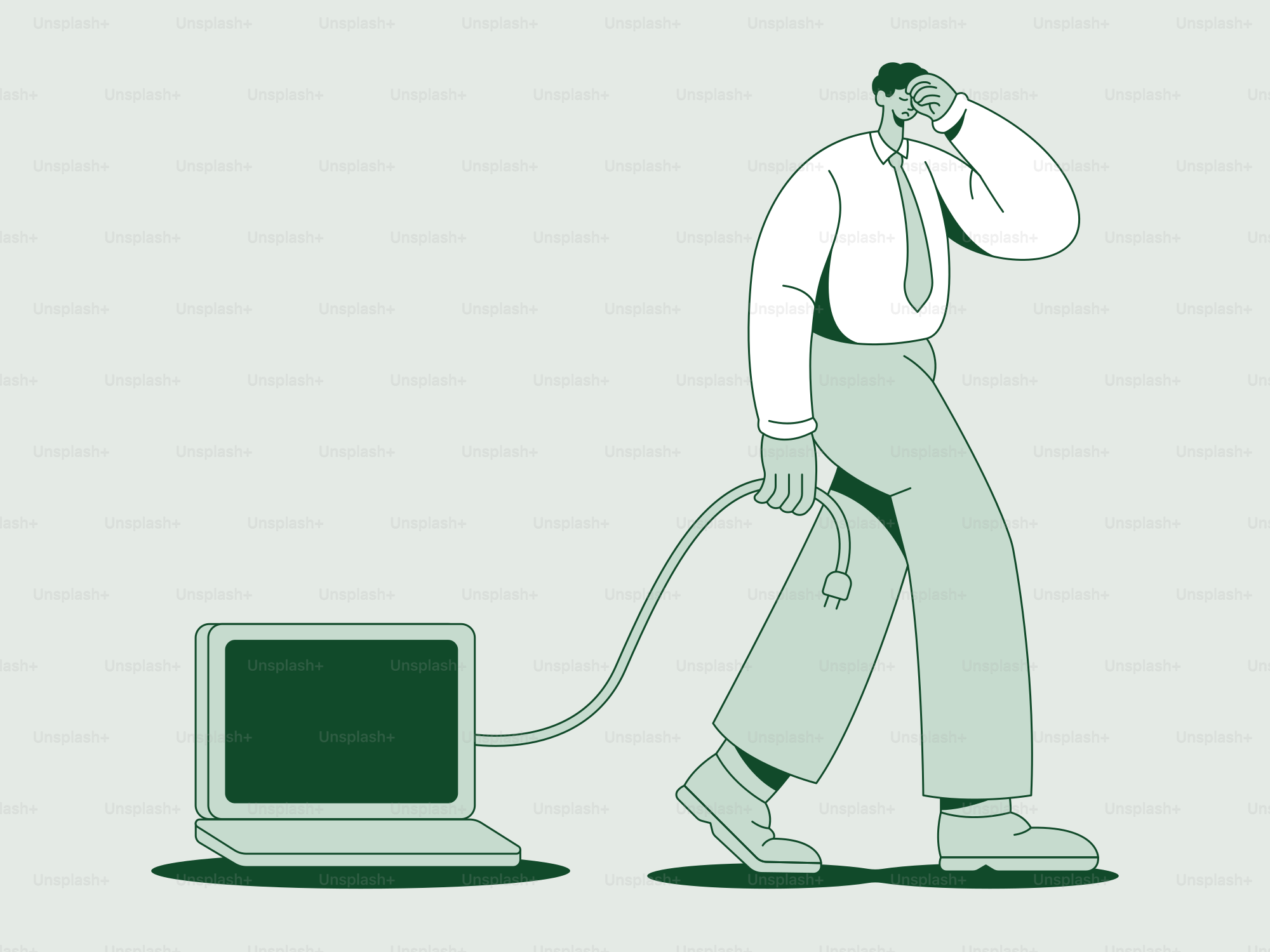 A man carries a laptop connected by a cord.