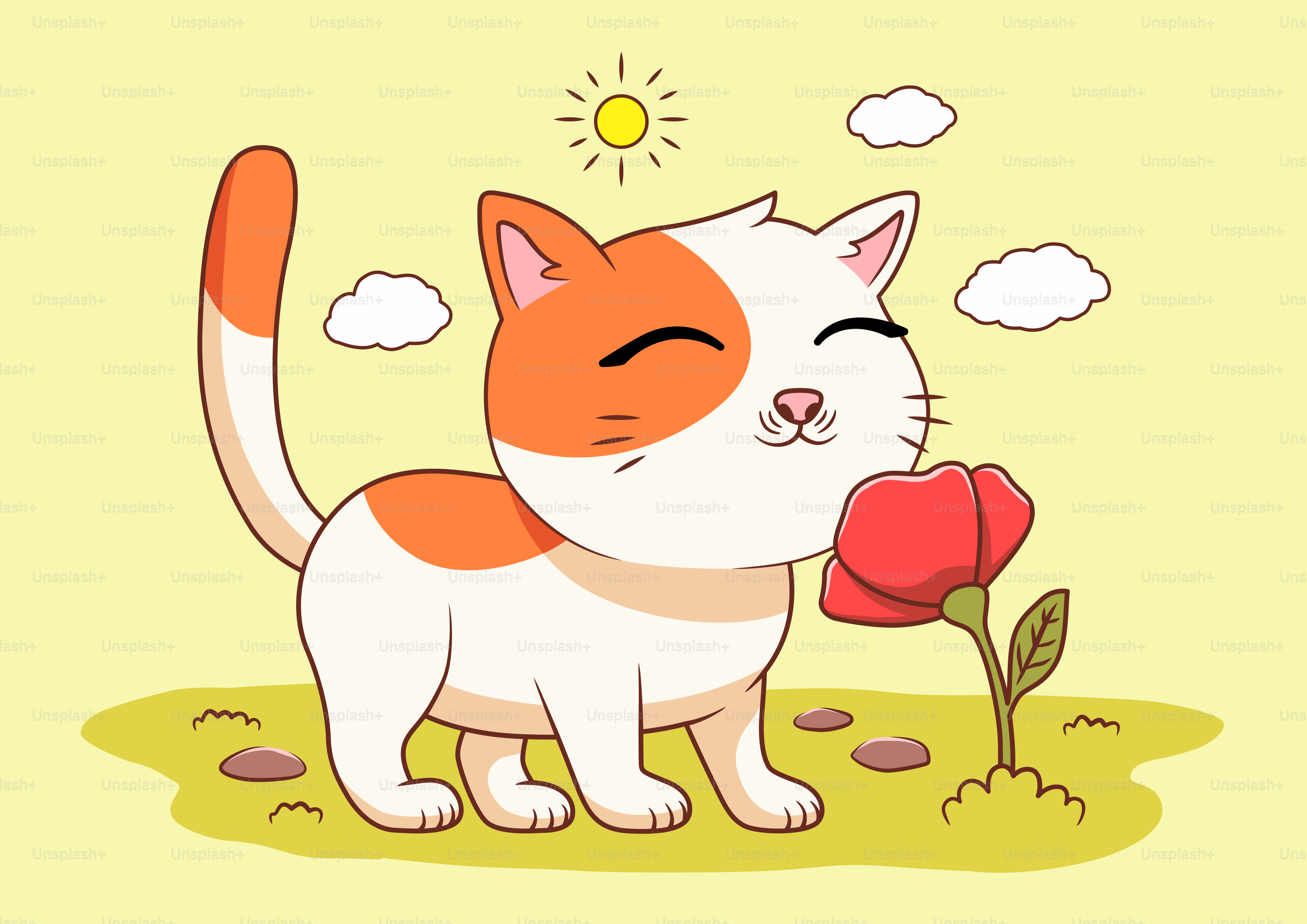 A happy cat is smelling a beautiful flower.