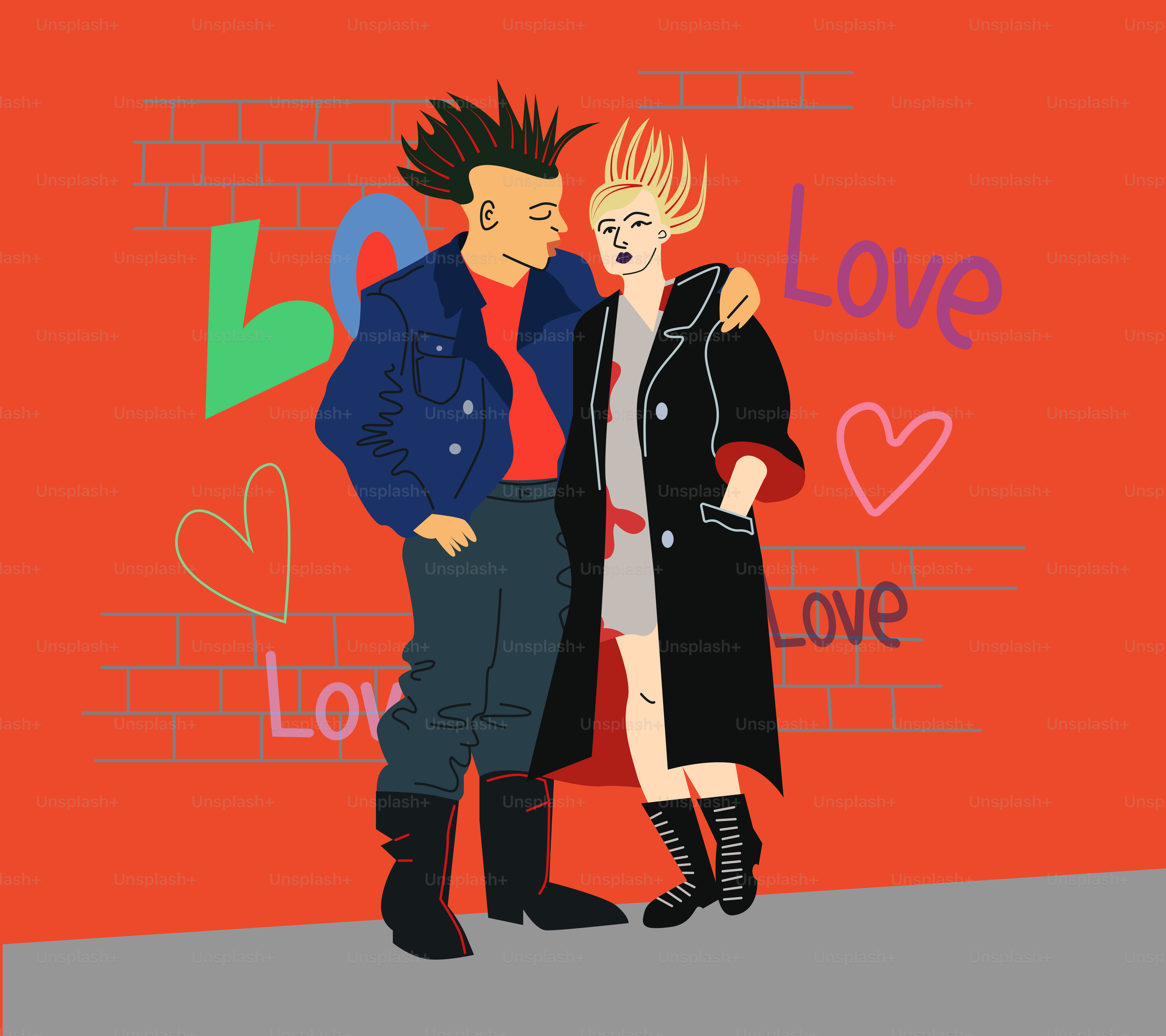Punk couple embraces in front of a graffiti wall.