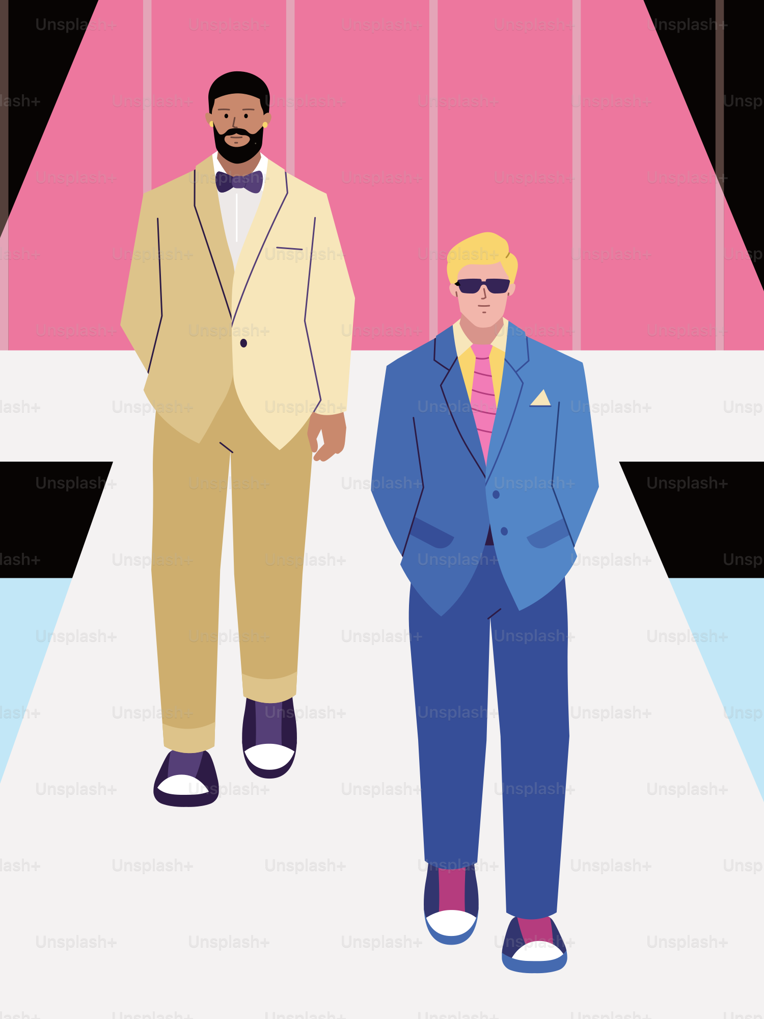 Two stylish men are walking on a fashion runway.